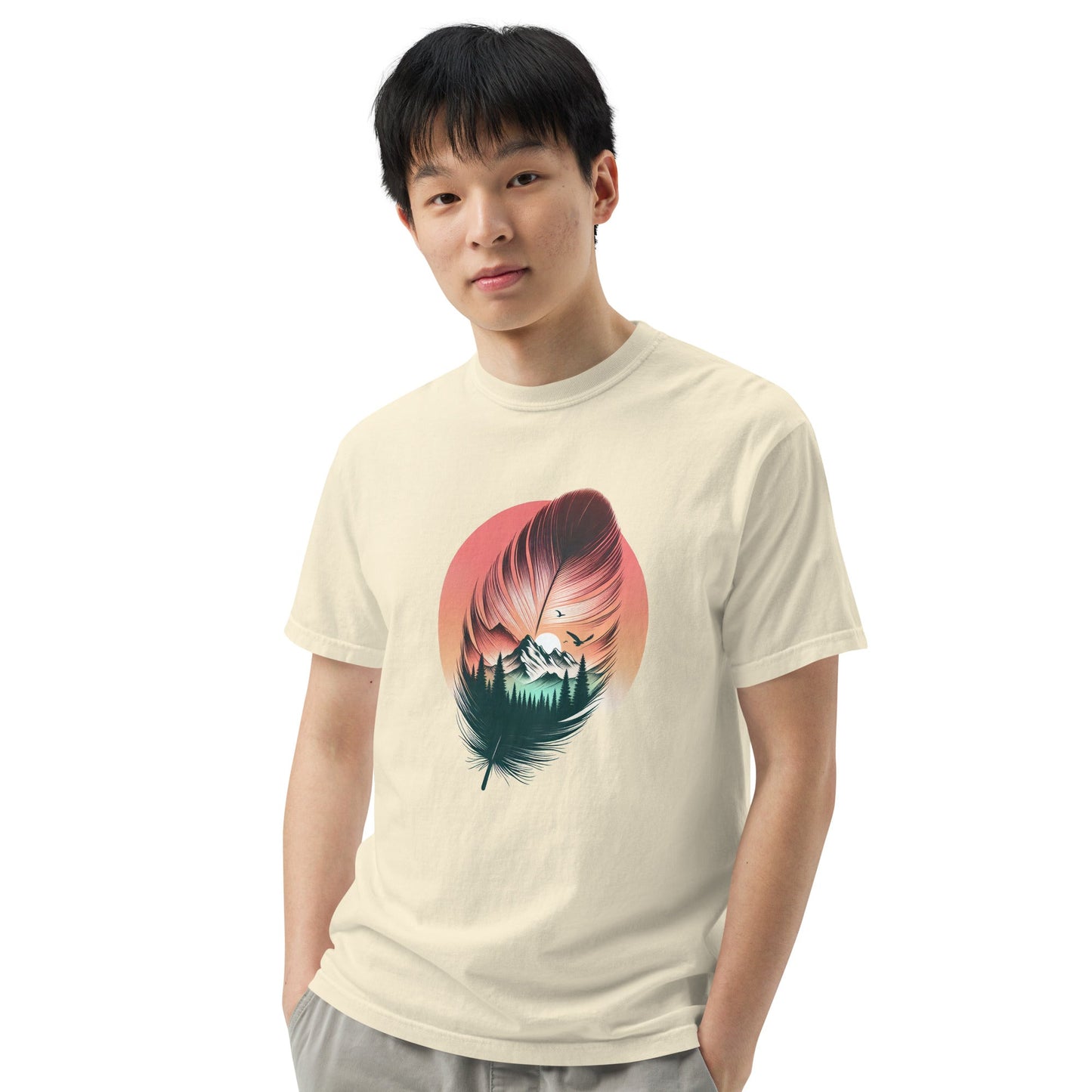 Feathered Wild Tee | Surreal Feather with Mountain Forest Sunrise – Soft Nature-Inspired Graphic Tee (CC1717)