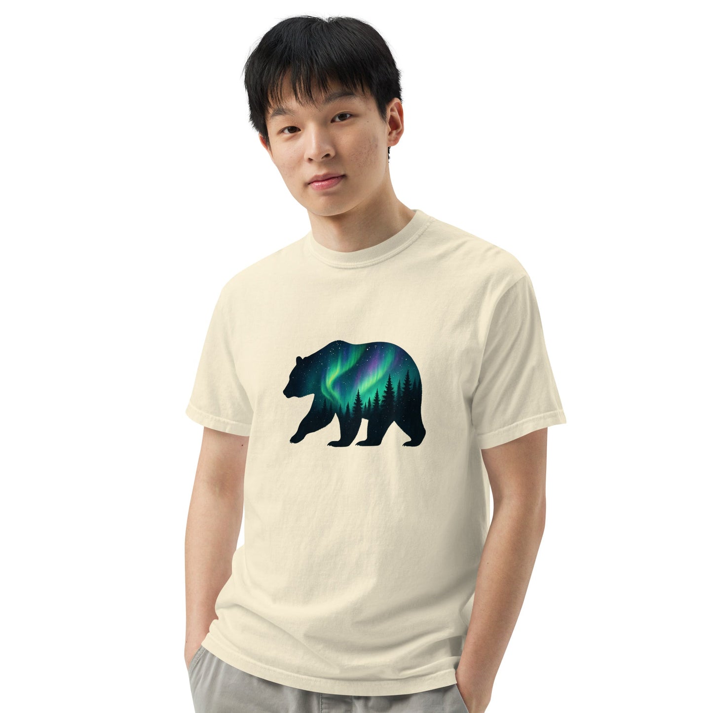 Aurora Bear Tee | Bear Silhouette with Northern Lights and Pine Forest – Nature Graphic Tee (CC1717)