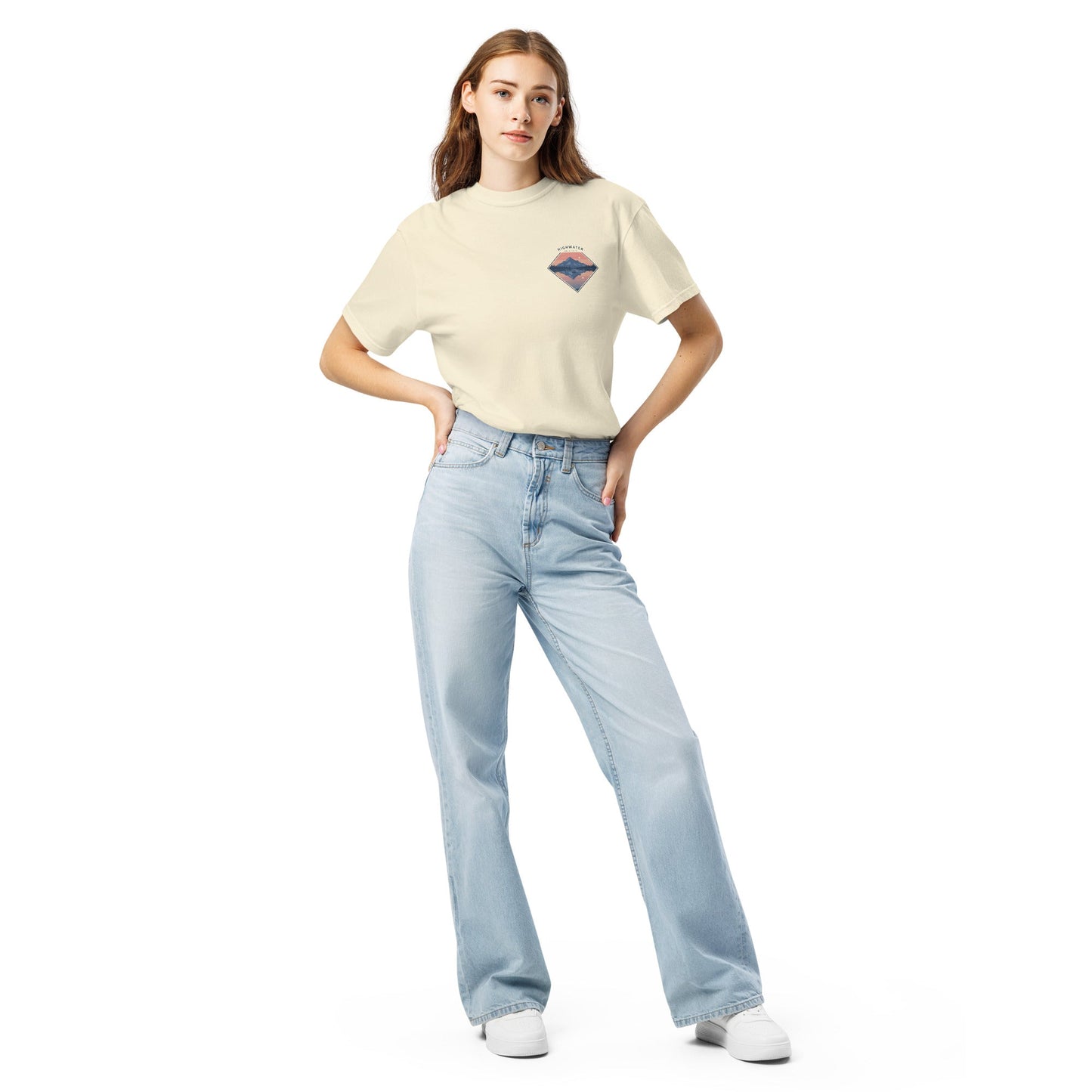 Highwater Horizon Tee | Mountain Lake with Sunset Reflection – Tranquil Nature Graphic Back Tee with Front Crest (CC1717)