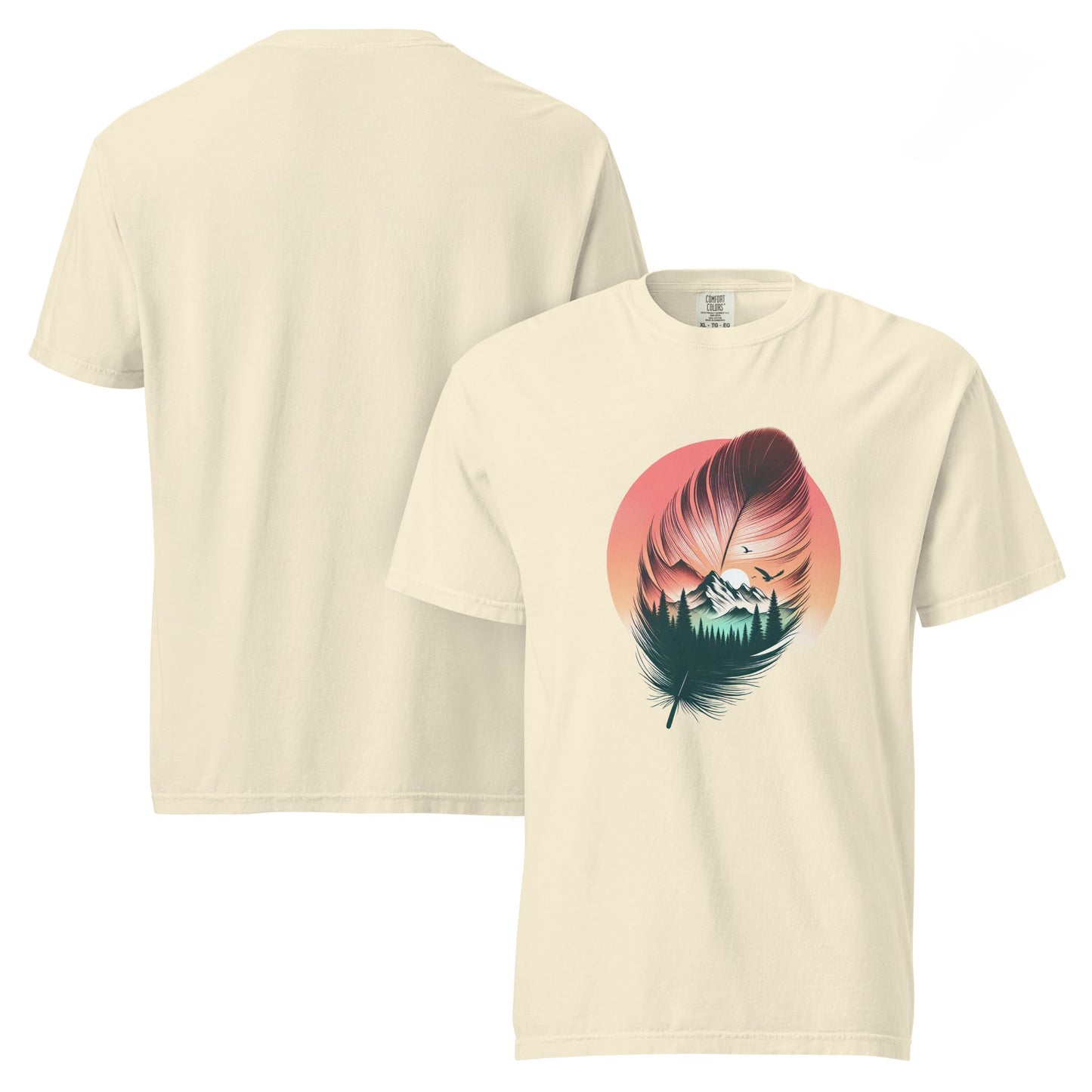 Feathered Wild Tee | Surreal Feather with Mountain Forest Sunrise – Soft Nature-Inspired Graphic Tee (CC1717)