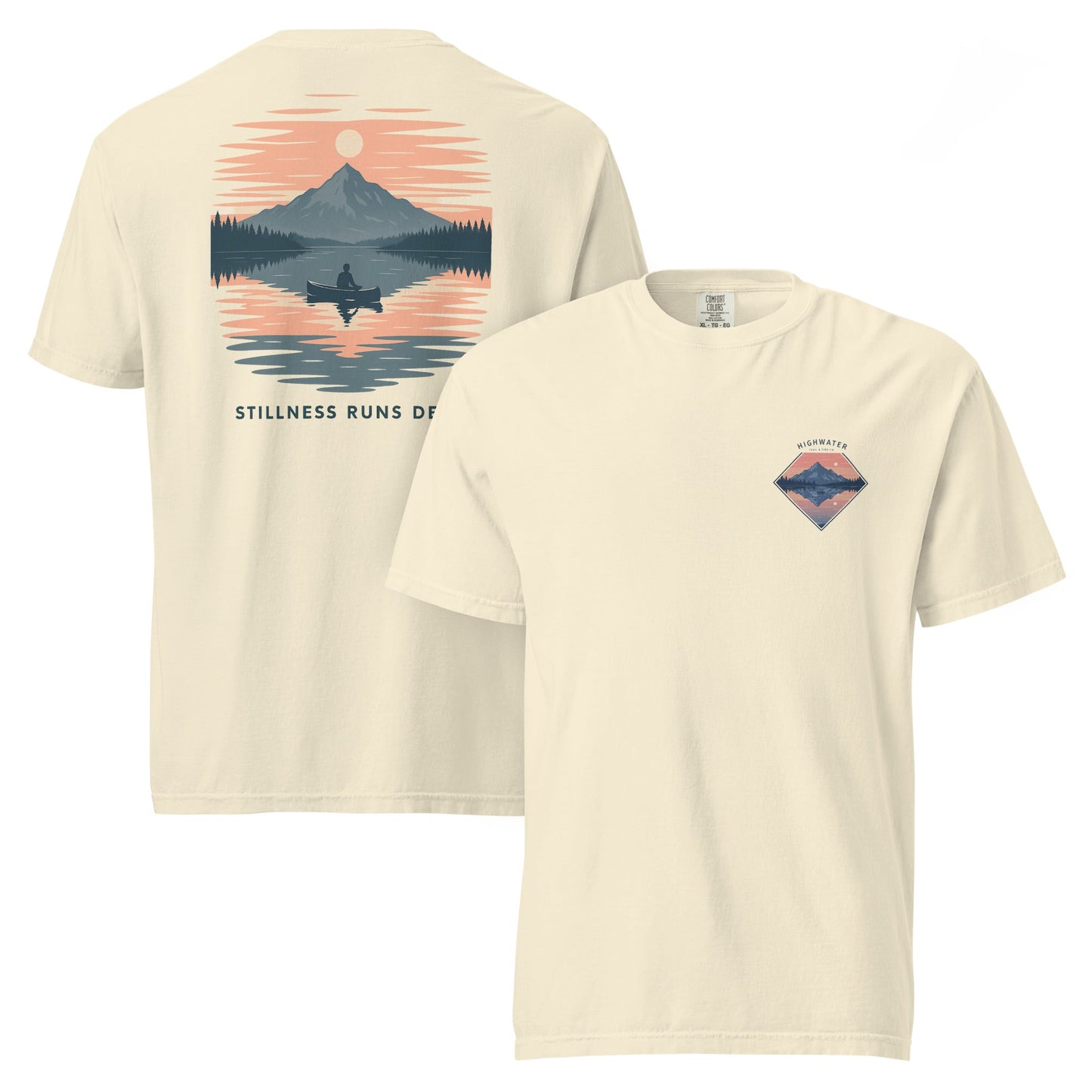Highwater Horizon Tee | Mountain Lake with Sunset Reflection – Tranquil Nature Graphic Back Tee with Front Crest (CC1717)