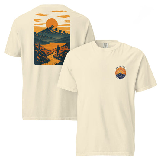 Sunset Range Tee | Golden Sunset Over Mountain Trail – Bold Desert Horizon Graphic Back Tee with Front Crest Patch (CC1717)