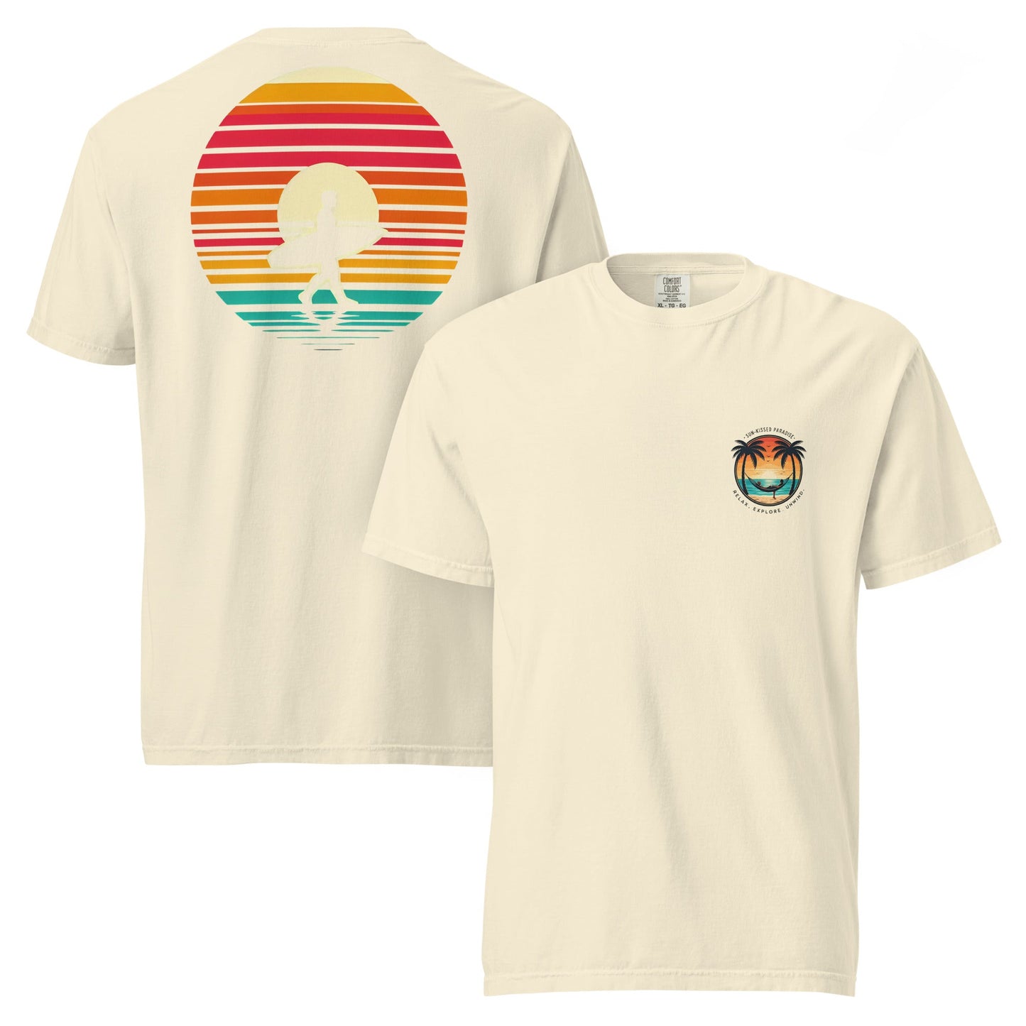 Sunset Surfer Tee | Retro Surf Silhouette with Bold Sunset Stripes - Beach Vibes Graphic Tee (CC1717)