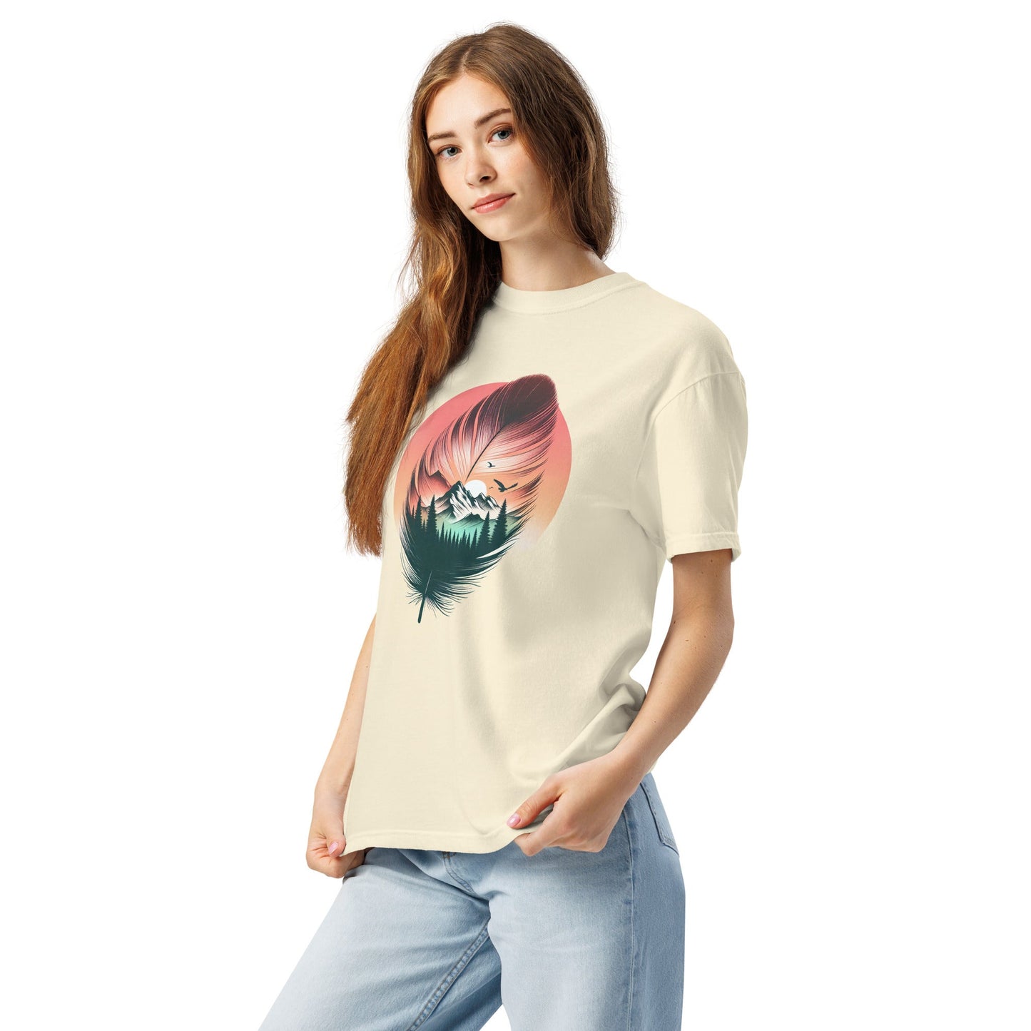 Feathered Wild Tee | Surreal Feather with Mountain Forest Sunrise – Soft Nature-Inspired Graphic Tee (CC1717)