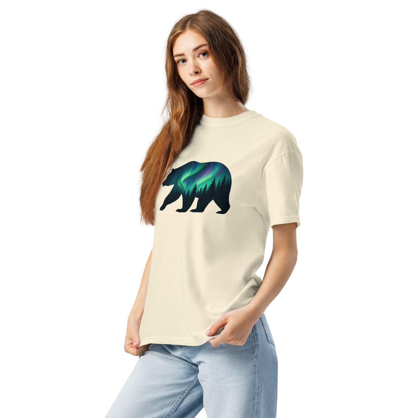 Aurora Bear Tee | Bear Silhouette with Northern Lights and Pine Forest – Nature Graphic Tee (CC1717)