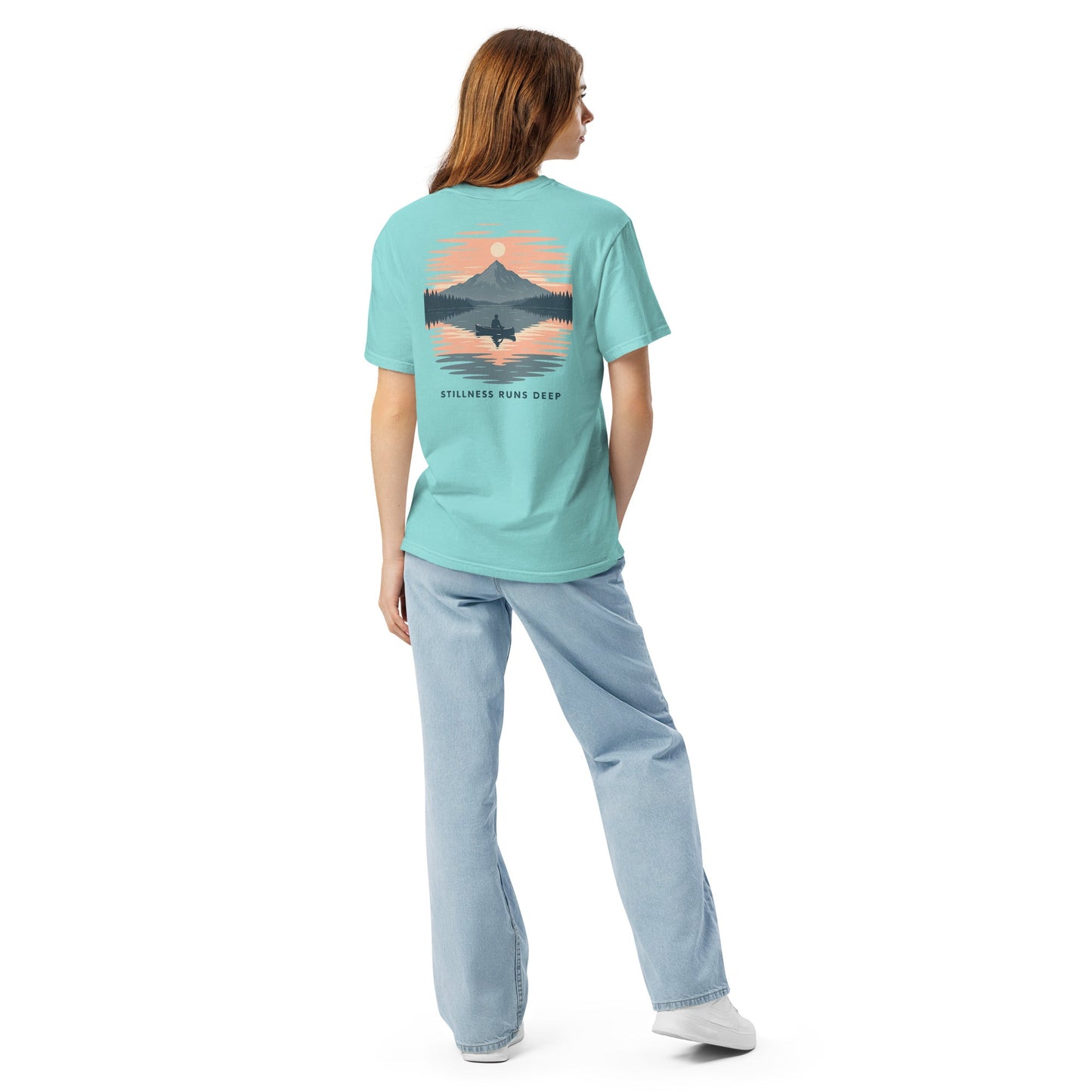 Highwater Horizon Tee | Mountain Lake with Sunset Reflection – Tranquil Nature Graphic Back Tee with Front Crest (CC1717)