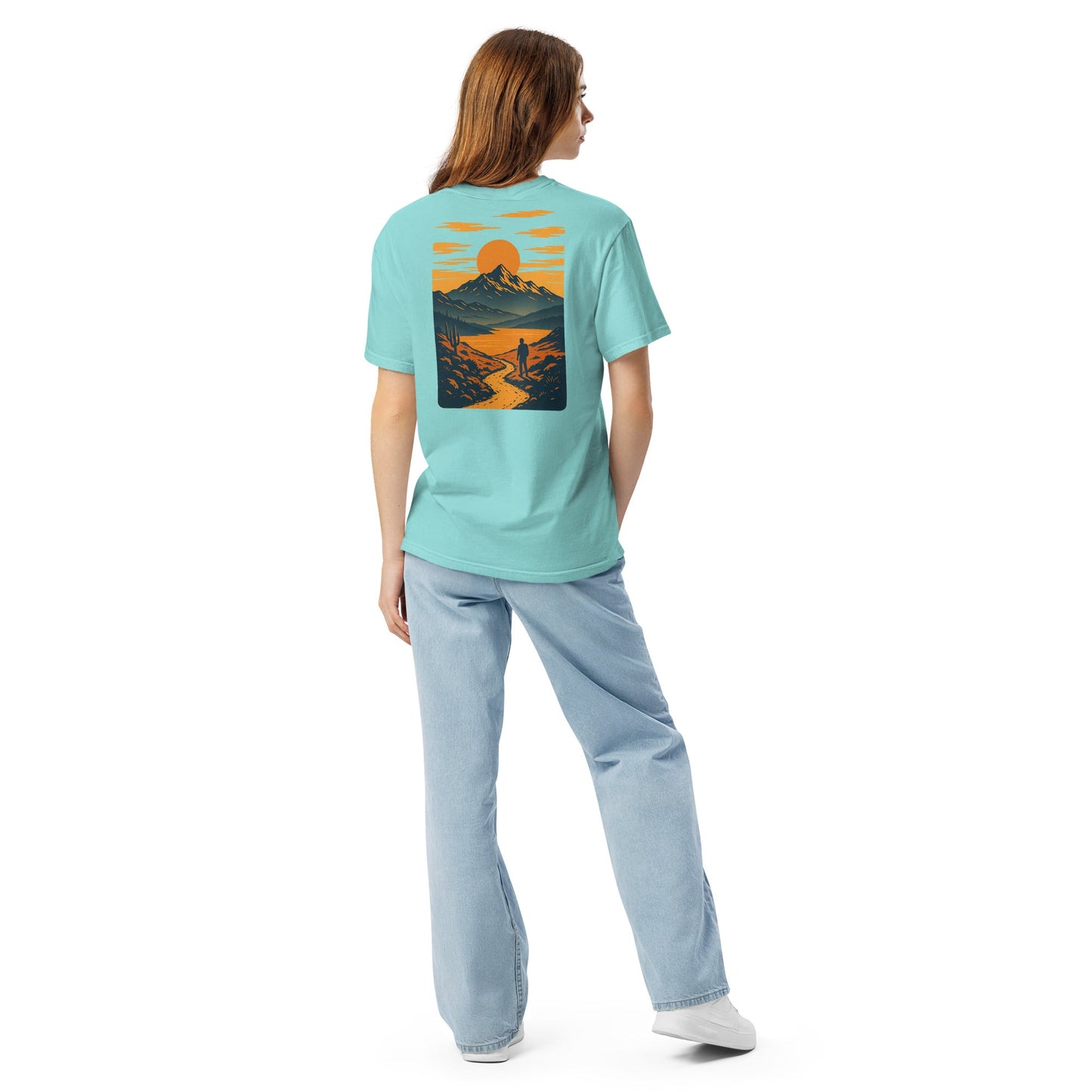 Sunset Range Tee | Golden Sunset Over Mountain Trail – Bold Desert Horizon Graphic Back Tee with Front Crest Patch (CC1717)
