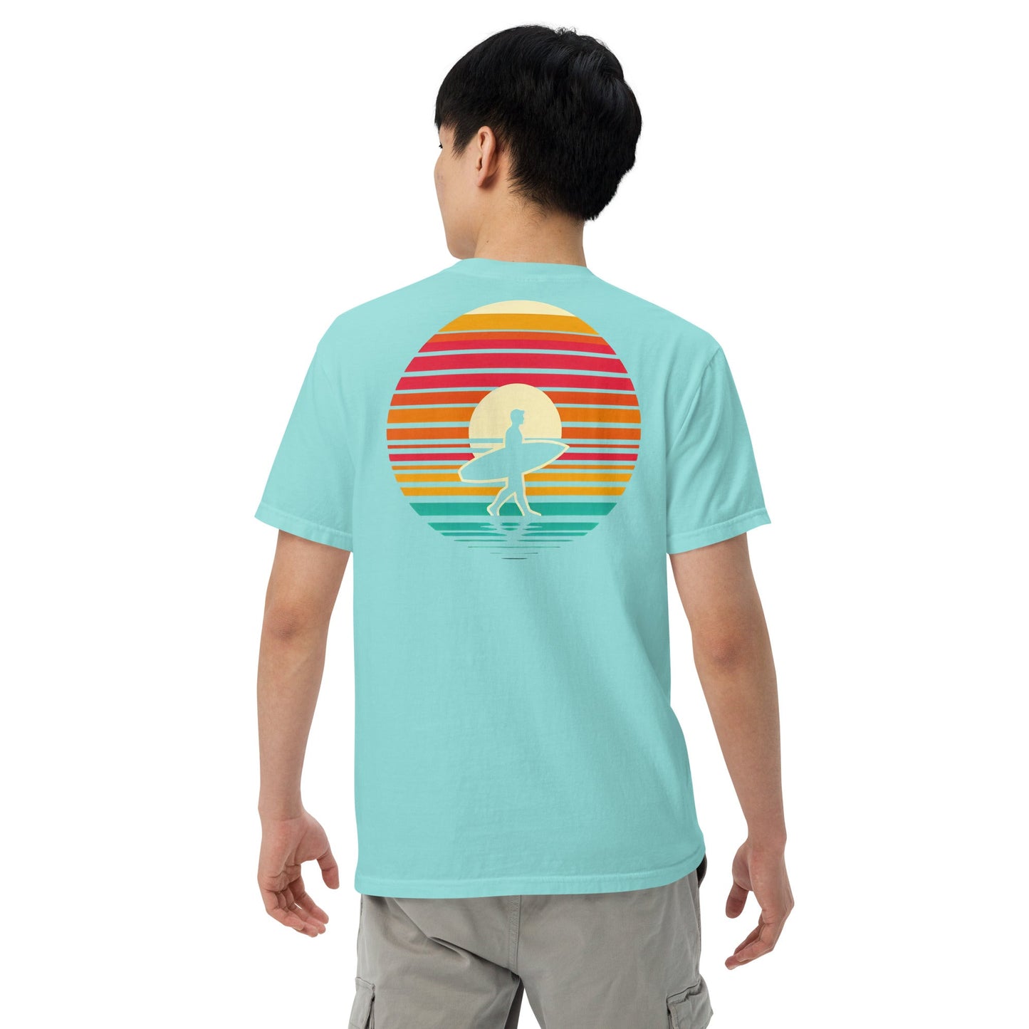 Sunset Surfer Tee | Retro Surf Silhouette with Bold Sunset Stripes - Beach Vibes Graphic Tee (CC1717)