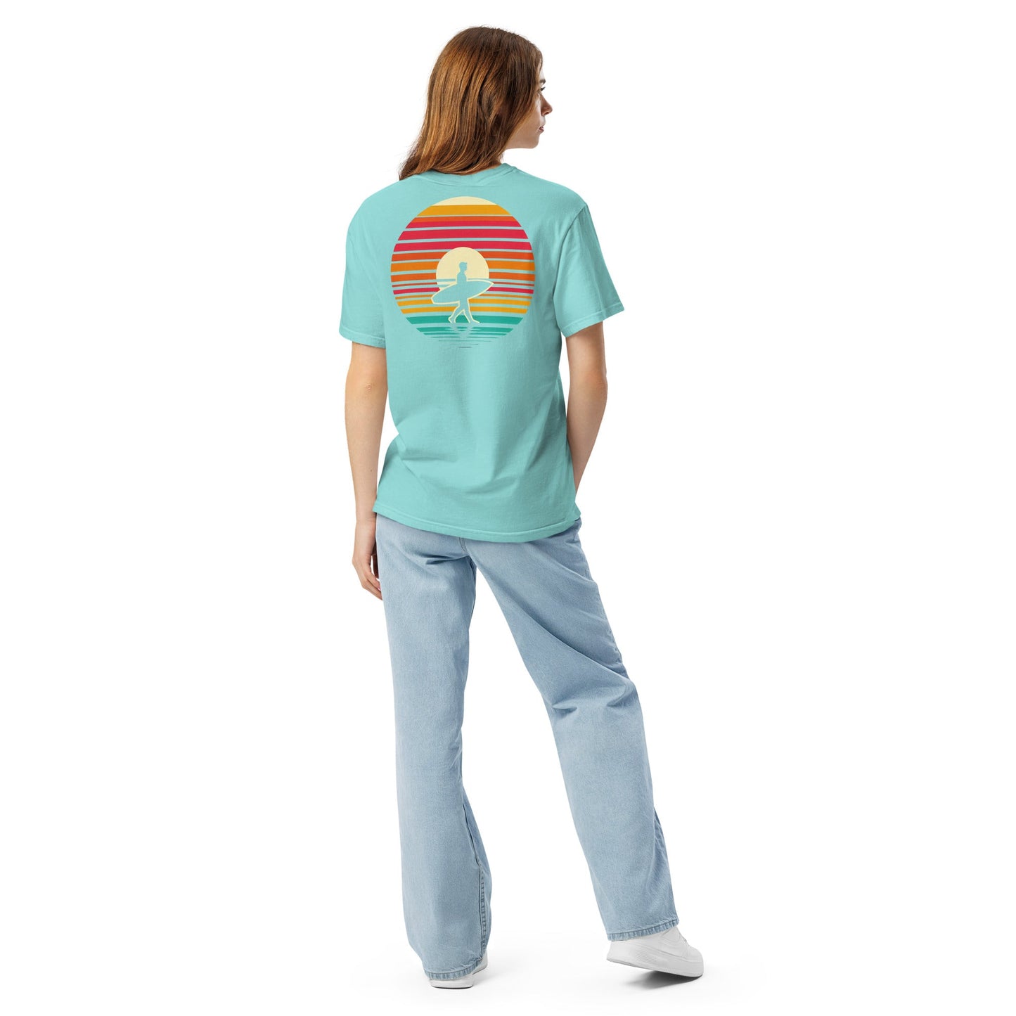 Sunset Surfer Tee | Retro Surf Silhouette with Bold Sunset Stripes - Beach Vibes Graphic Tee (CC1717)
