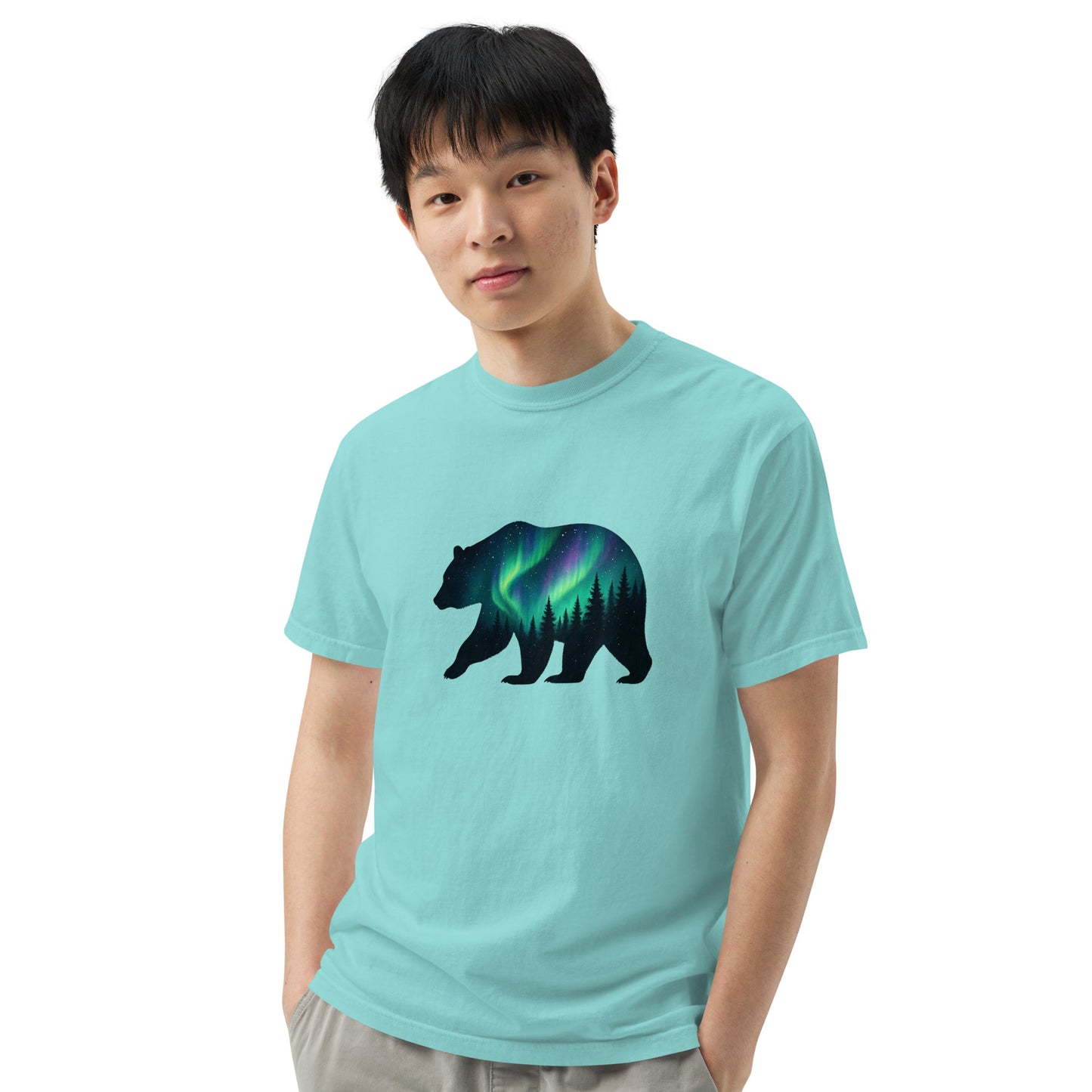 Aurora Bear Tee | Bear Silhouette with Northern Lights and Pine Forest – Nature Graphic Tee (CC1717)