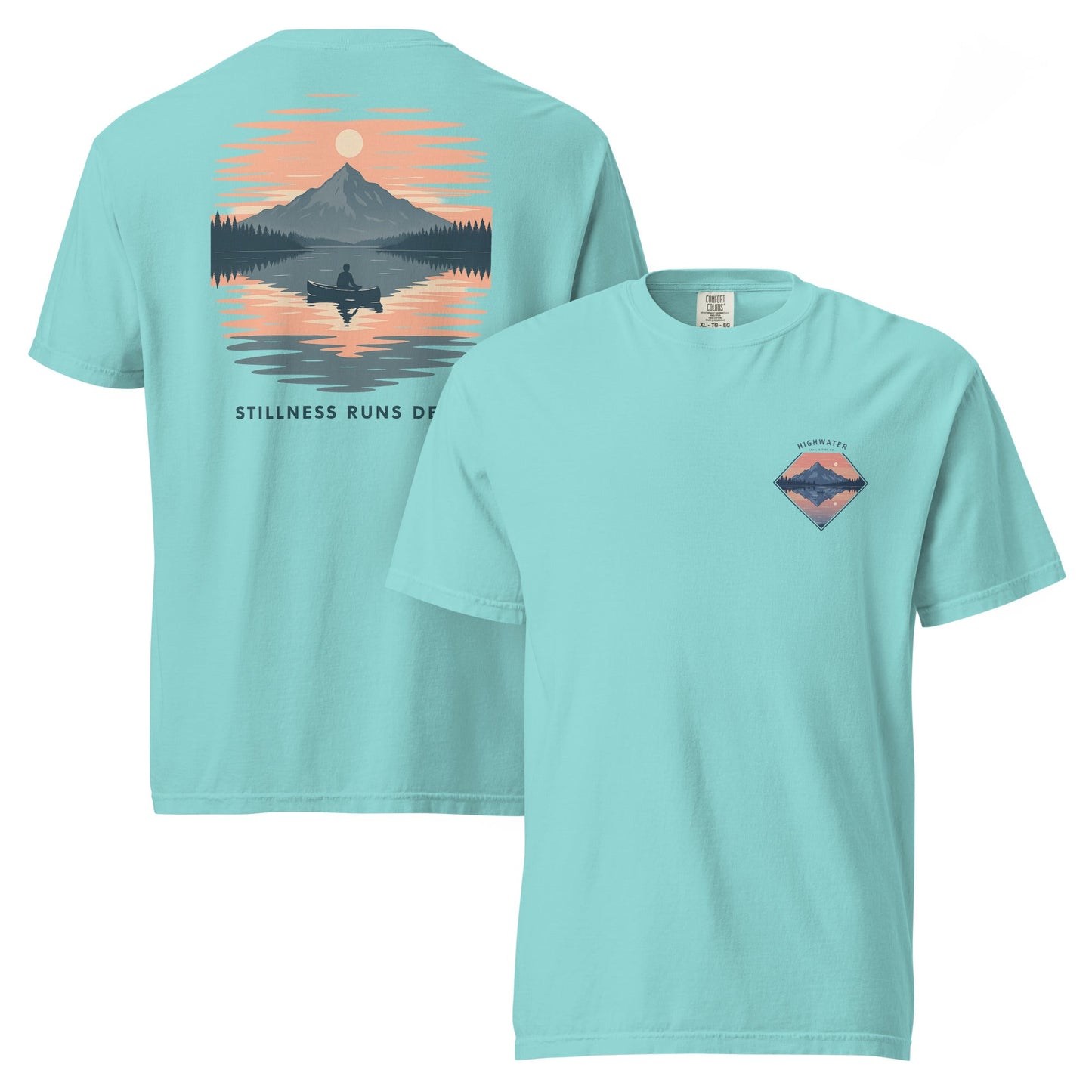 Highwater Horizon Tee | Mountain Lake with Sunset Reflection – Tranquil Nature Graphic Back Tee with Front Crest (CC1717)