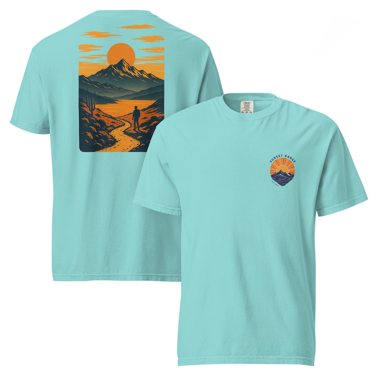 Sunset Range Tee | Golden Sunset Over Mountain Trail – Bold Desert Horizon Graphic Back Tee with Front Crest Patch (CC1717)
