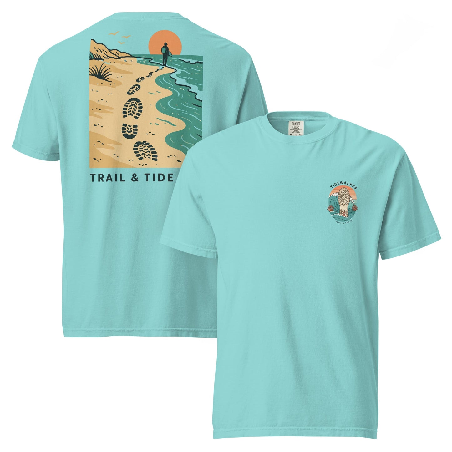 Tidewalker Tee | Bootprints Along Coastal Trail with Sunset and Ocean – Beach Walk Graphic Back Tee with Front Crest Patch (CC1717)