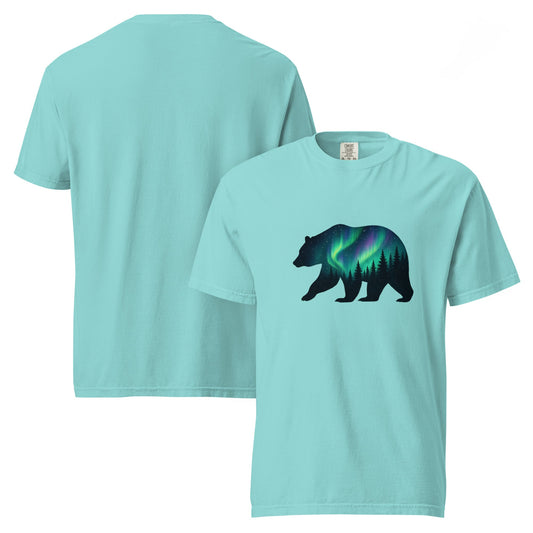 Aurora Bear Tee | Bear Silhouette with Northern Lights and Pine Forest – Nature Graphic Tee (CC1717)