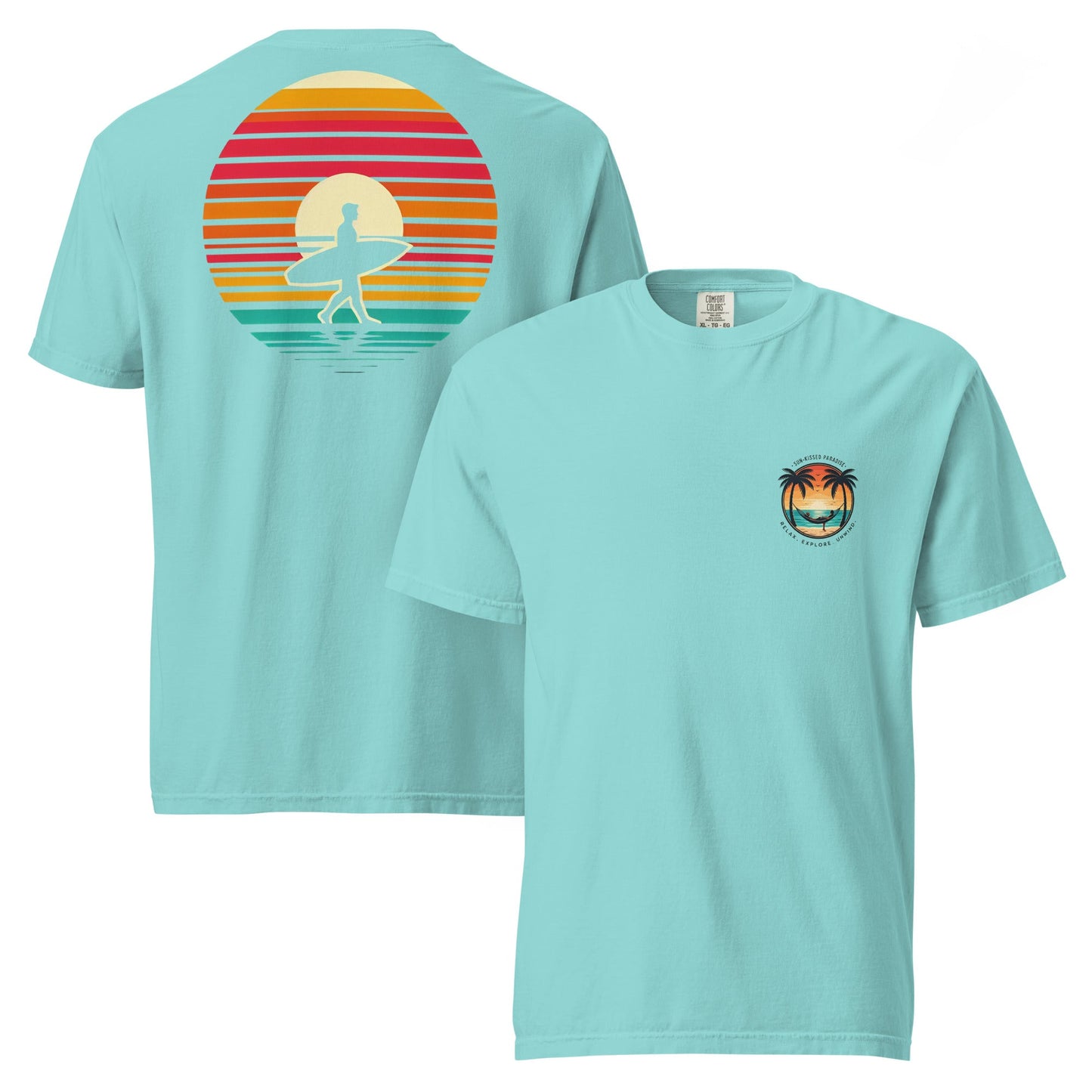 Sunset Surfer Tee | Retro Surf Silhouette with Bold Sunset Stripes - Beach Vibes Graphic Tee (CC1717)