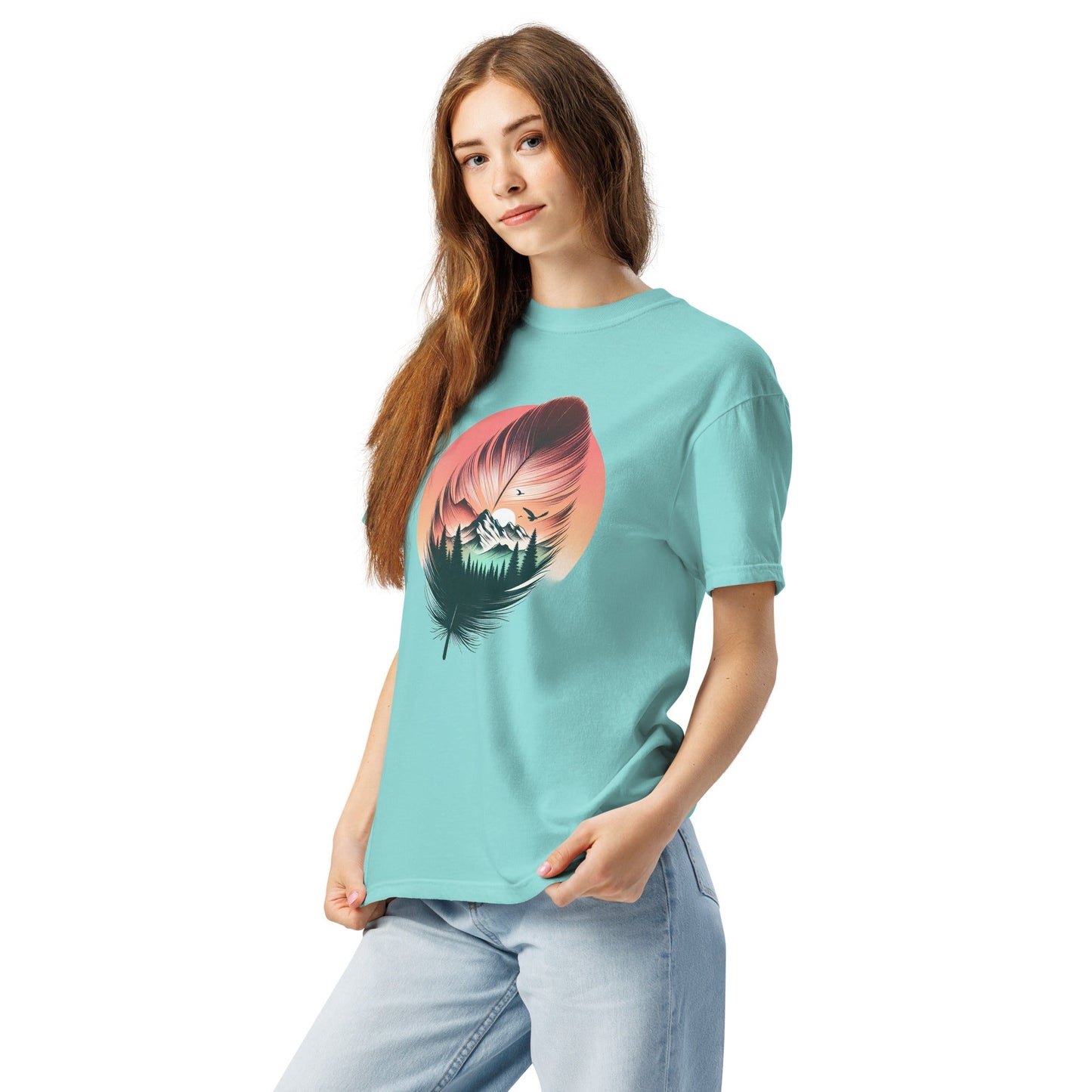Feathered Wild Tee | Surreal Feather with Mountain Forest Sunrise – Soft Nature-Inspired Graphic Tee (CC1717)