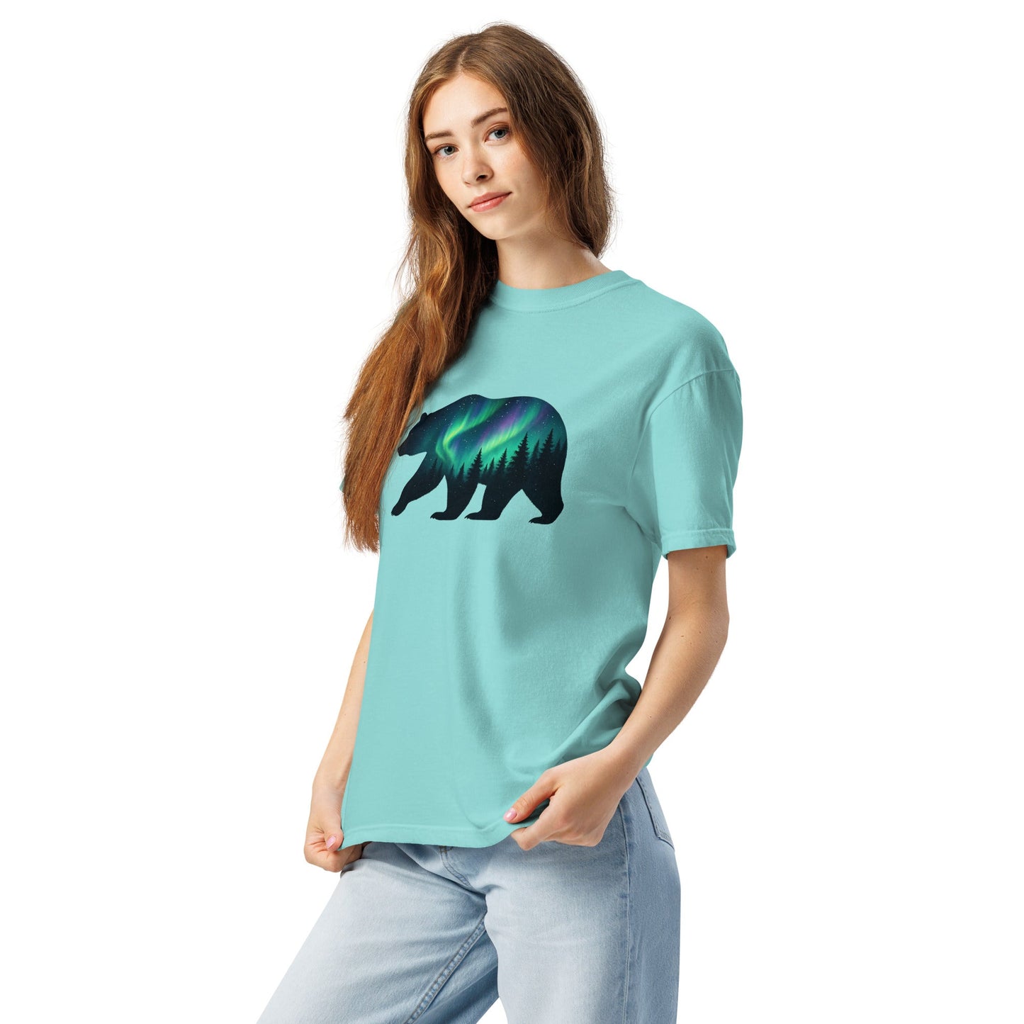 Aurora Bear Tee | Bear Silhouette with Northern Lights and Pine Forest – Nature Graphic Tee (CC1717)