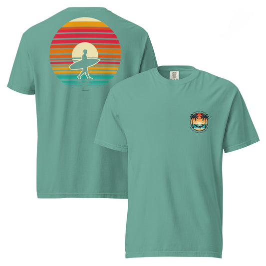 Sunset Surfer Tee | Retro Surf Silhouette with Bold Sunset Stripes - Beach Vibes Graphic Tee (CC1717)