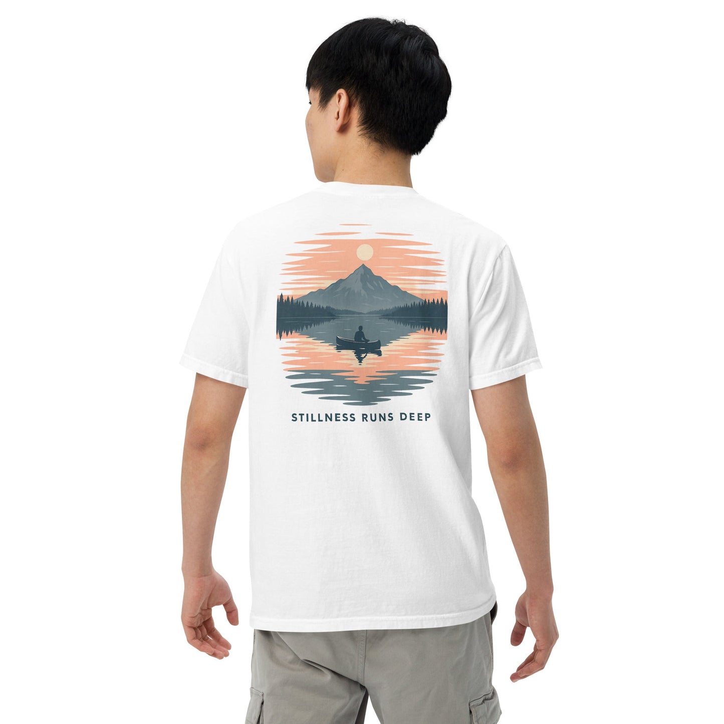 Highwater Horizon Tee | Mountain Lake with Sunset Reflection – Tranquil Nature Graphic Back Tee with Front Crest (CC1717)