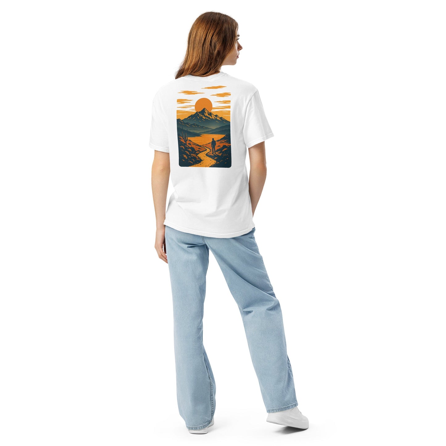 Sunset Range Tee | Golden Sunset Over Mountain Trail – Bold Desert Horizon Graphic Back Tee with Front Crest Patch (CC1717)