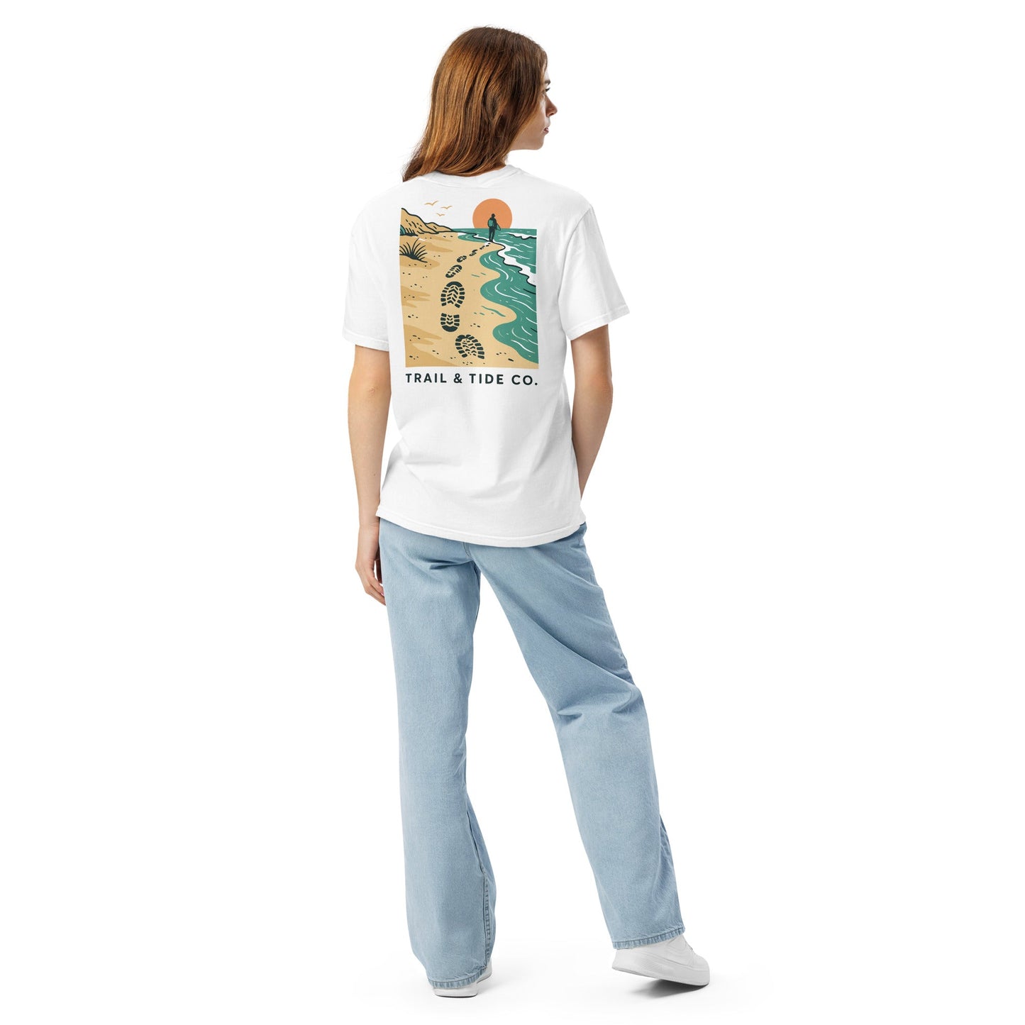 Tidewalker Tee | Bootprints Along Coastal Trail with Sunset and Ocean – Beach Walk Graphic Back Tee with Front Crest Patch (CC1717)