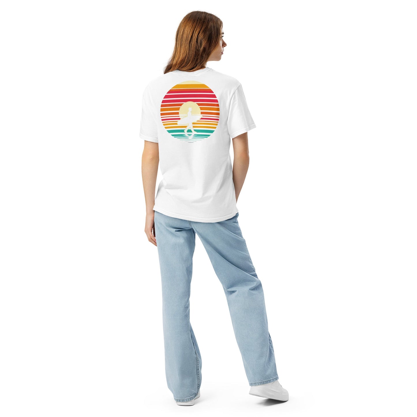 Sunset Surfer Tee | Retro Surf Silhouette with Bold Sunset Stripes - Beach Vibes Graphic Tee (CC1717)