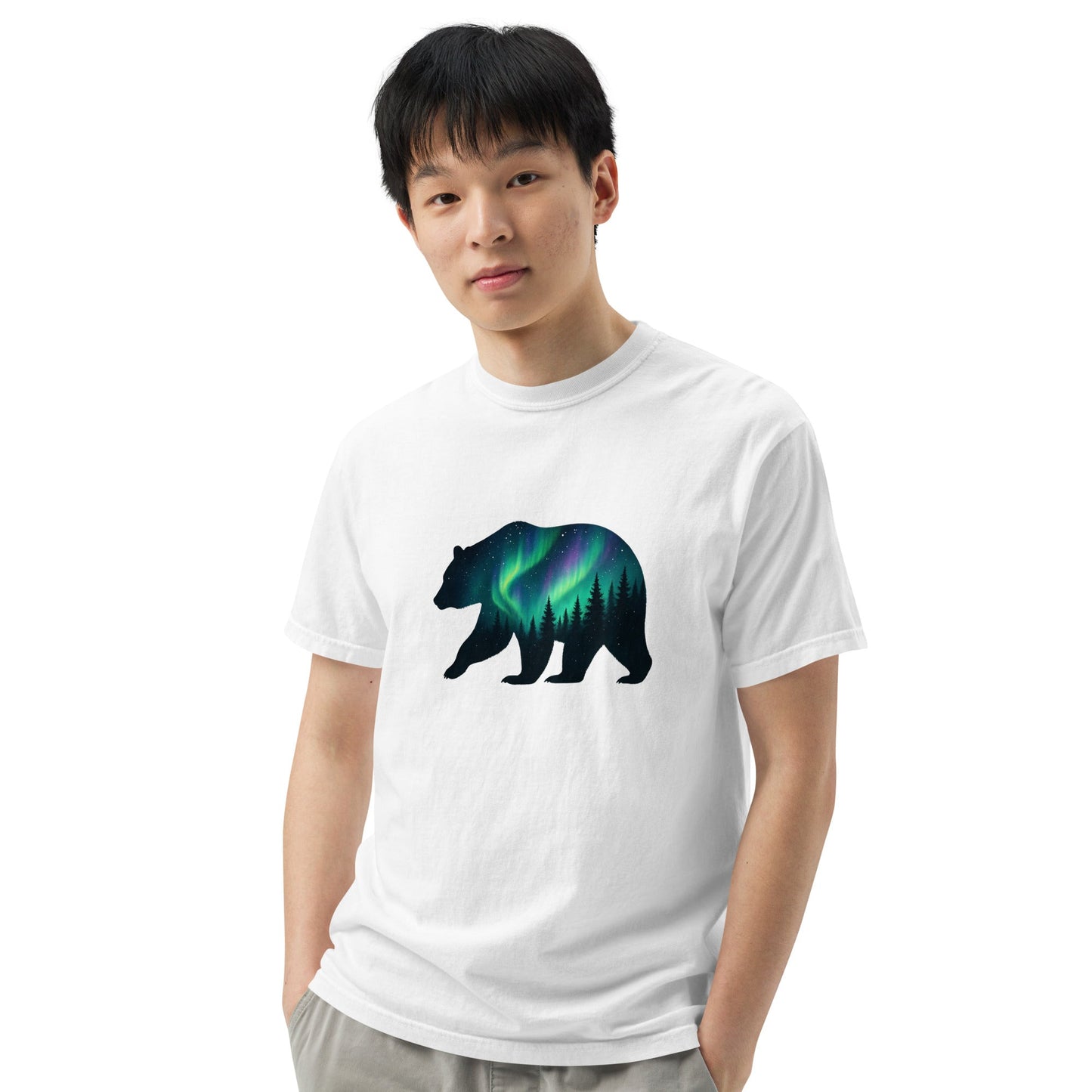 Aurora Bear Tee | Bear Silhouette with Northern Lights and Pine Forest – Nature Graphic Tee (CC1717)