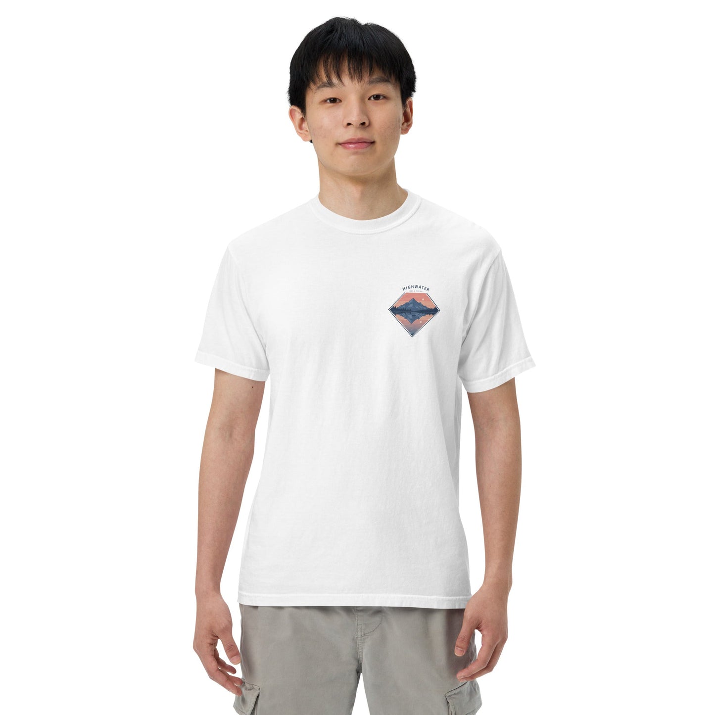 Highwater Horizon Tee | Mountain Lake with Sunset Reflection – Tranquil Nature Graphic Back Tee with Front Crest (CC1717)