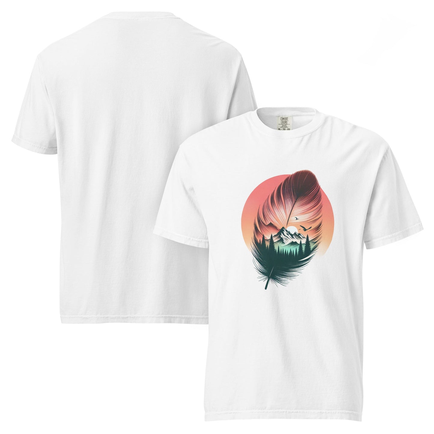 Feathered Wild Tee | Surreal Feather with Mountain Forest Sunrise – Soft Nature-Inspired Graphic Tee (CC1717)
