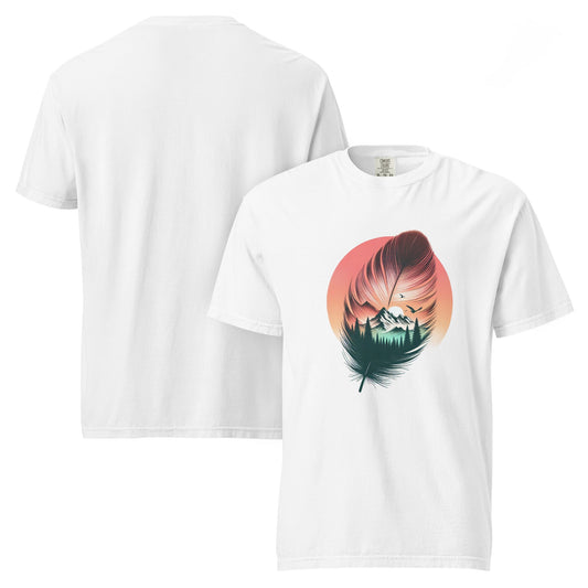 Feathered Wild Tee | Surreal Feather with Mountain Forest Sunrise – Soft Nature-Inspired Graphic Tee (CC1717)