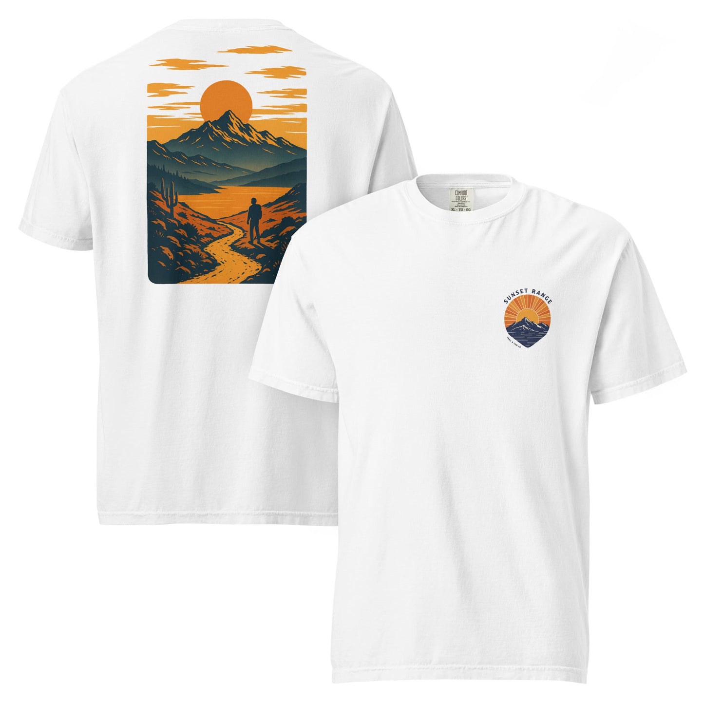 Sunset Range Tee | Golden Sunset Over Mountain Trail – Bold Desert Horizon Graphic Back Tee with Front Crest Patch (CC1717)