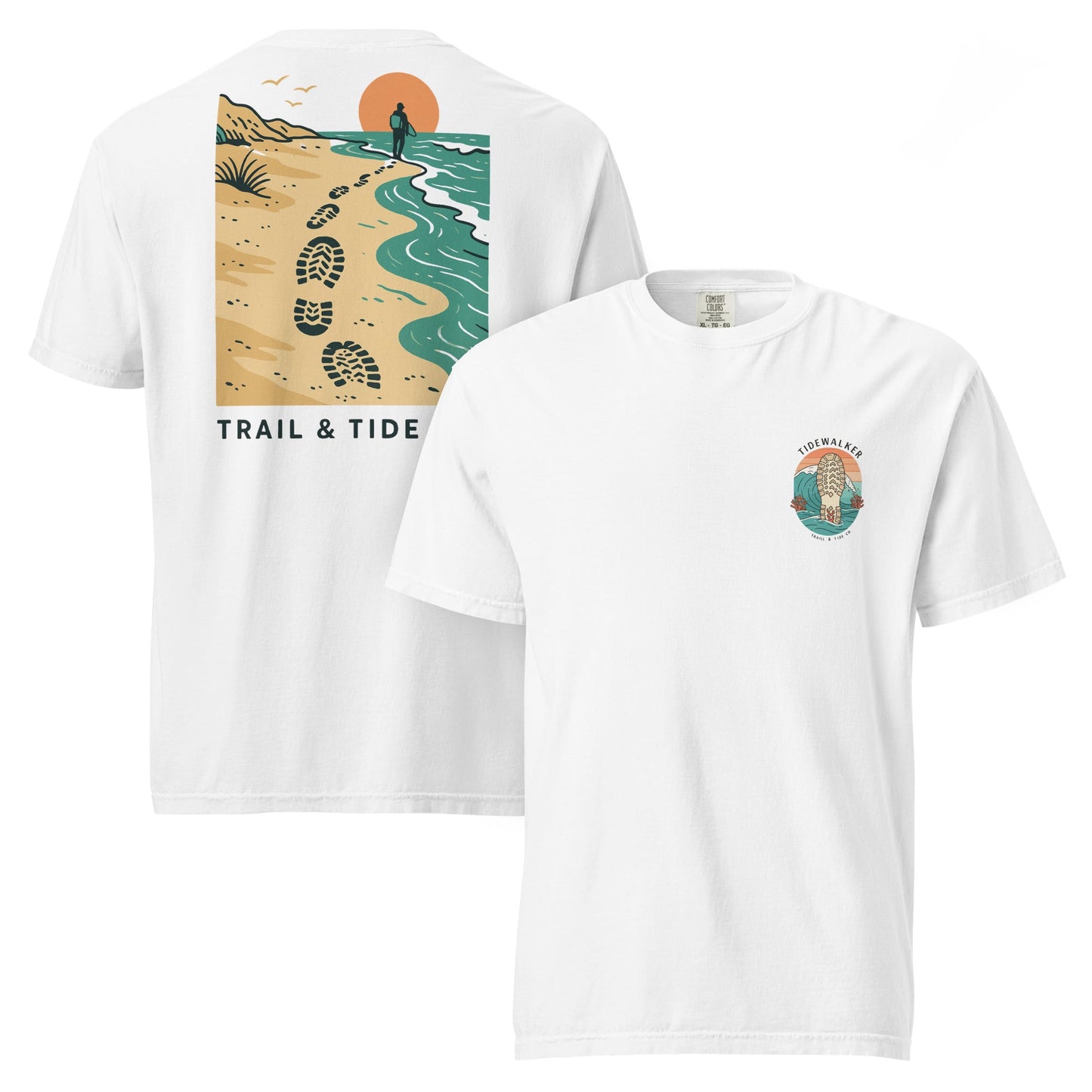 Tidewalker Tee | Bootprints Along Coastal Trail with Sunset and Ocean – Beach Walk Graphic Back Tee with Front Crest Patch (CC1717)