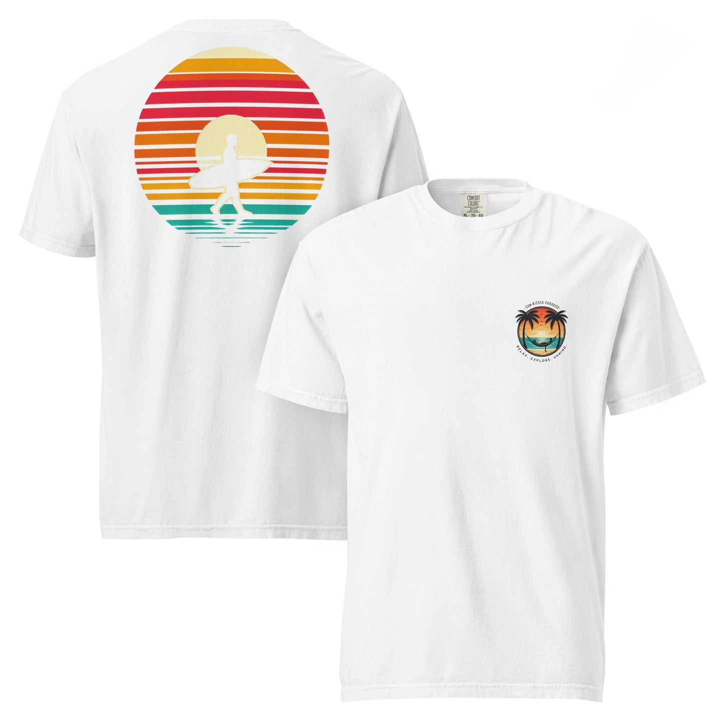 Sunset Surfer Tee | Retro Surf Silhouette with Bold Sunset Stripes - Beach Vibes Graphic Tee (CC1717)