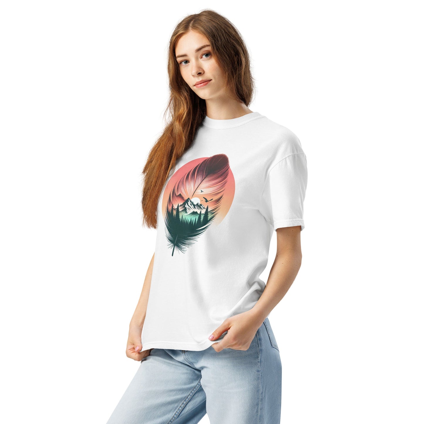 Feathered Wild Tee | Surreal Feather with Mountain Forest Sunrise – Soft Nature-Inspired Graphic Tee (CC1717)