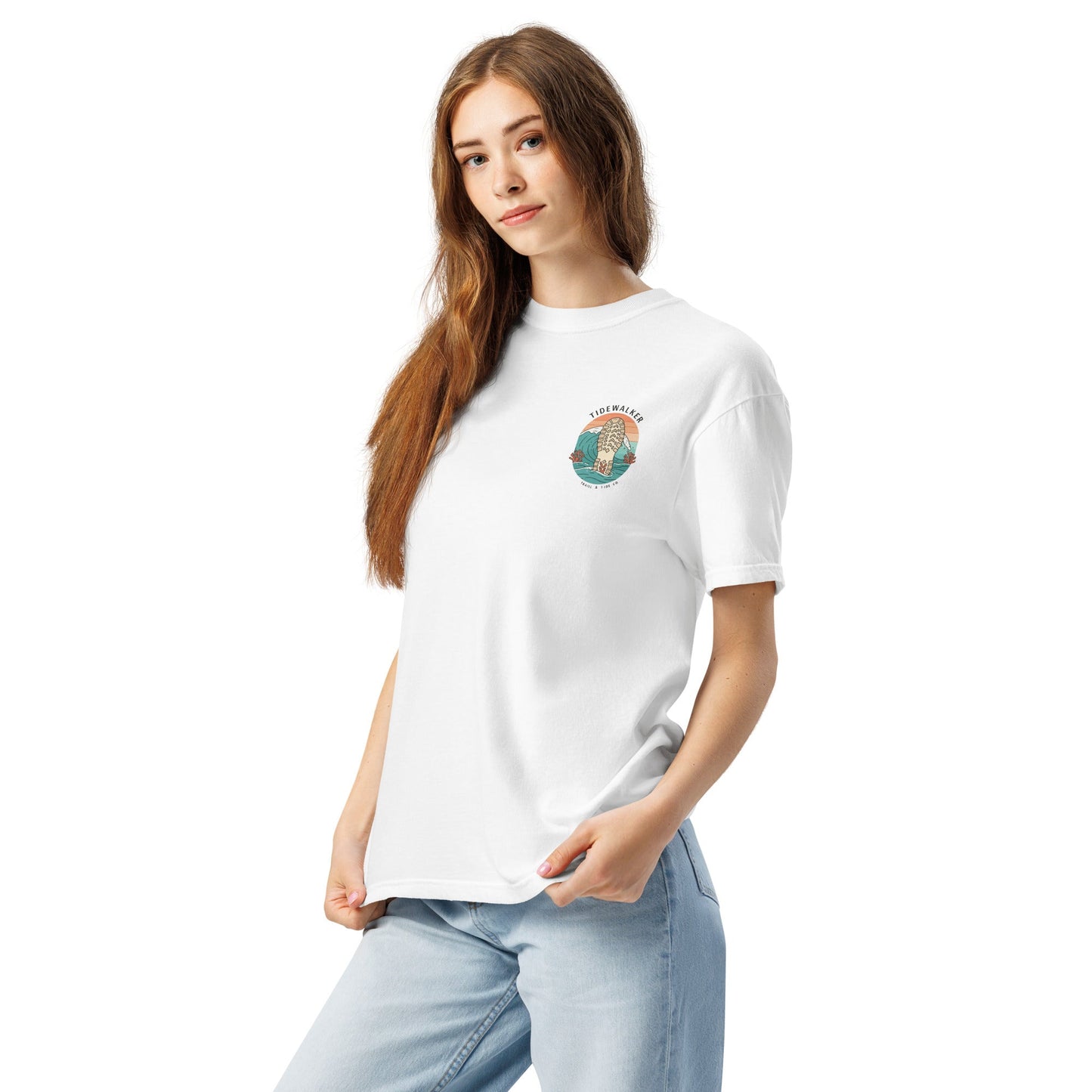 Tidewalker Tee | Bootprints Along Coastal Trail with Sunset and Ocean – Beach Walk Graphic Back Tee with Front Crest Patch (CC1717)
