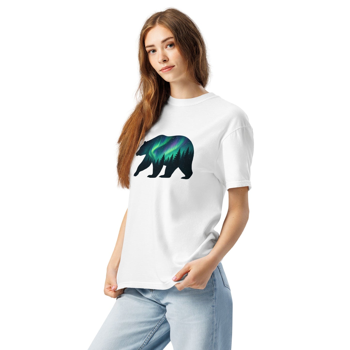 Aurora Bear Tee | Bear Silhouette with Northern Lights and Pine Forest – Nature Graphic Tee (CC1717)