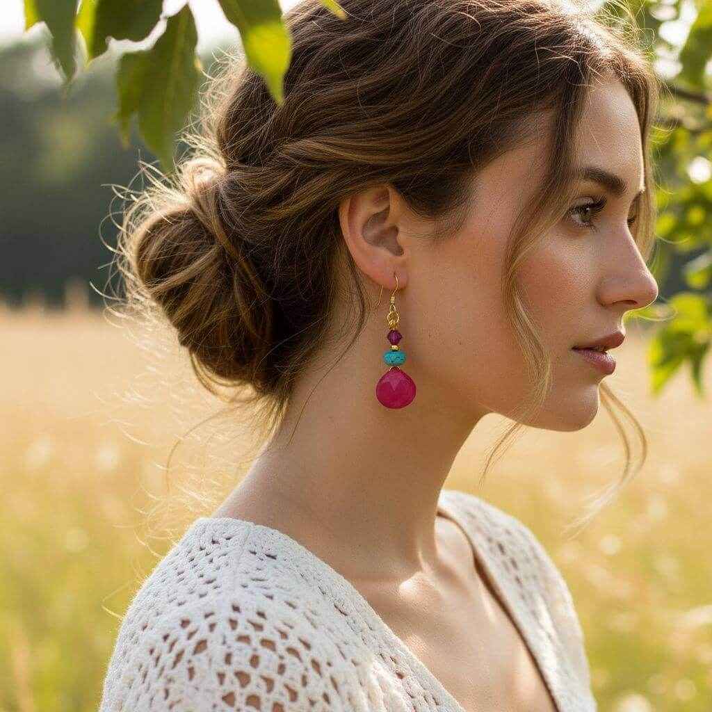 Gold Filled Wire Wrapped Pink And Aqua Gemstone Earrings