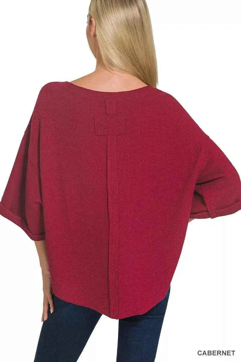 Cabernet Red Double Knit Exposed Seam Curved Hem Top By Zenana