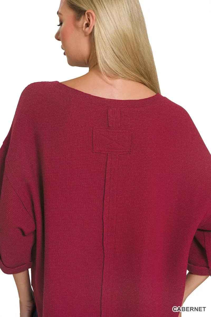 Cabernet Red Double Knit Exposed Seam Curved Hem Top By Zenana