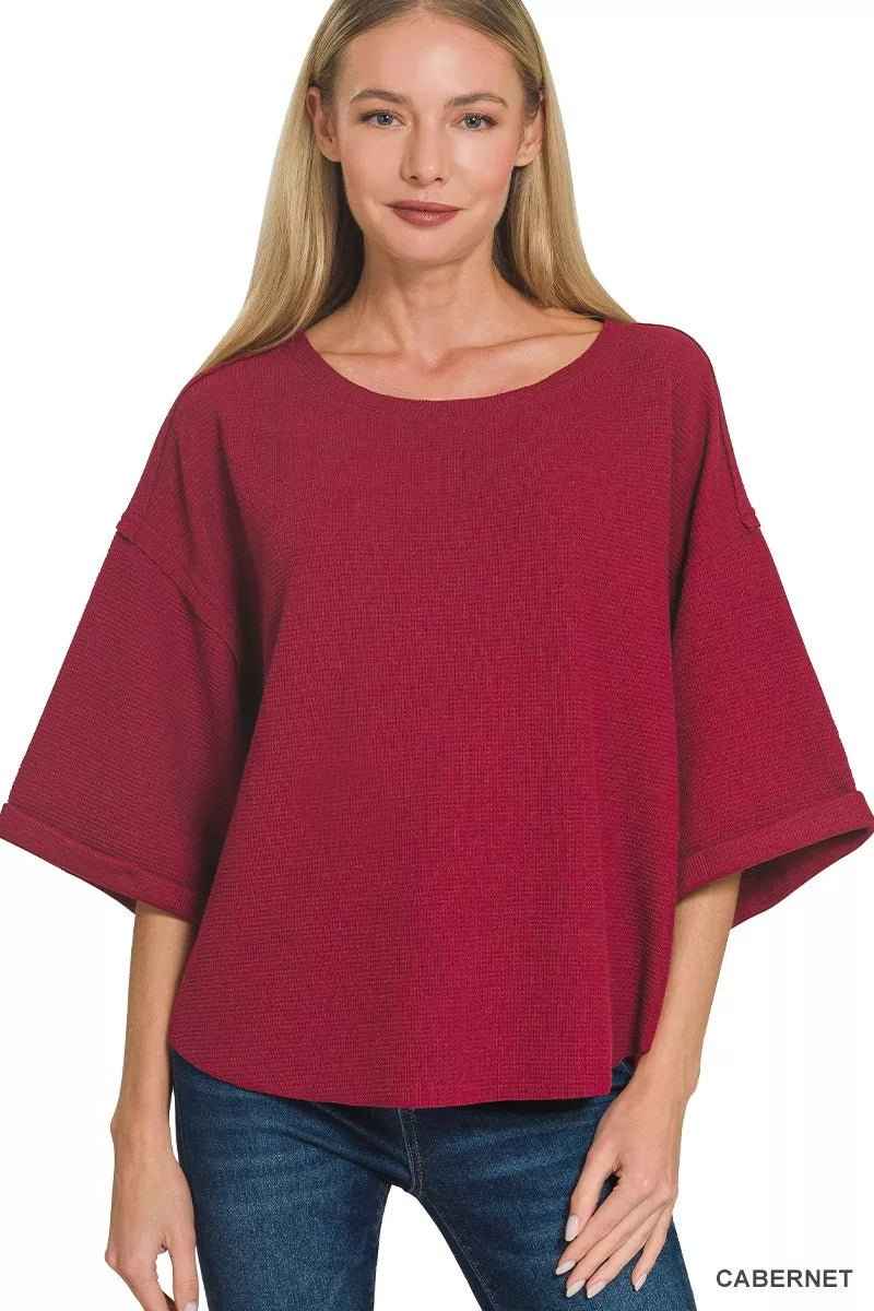 Cabernet Red Double Knit Exposed Seam Curved Hem Top By Zenana