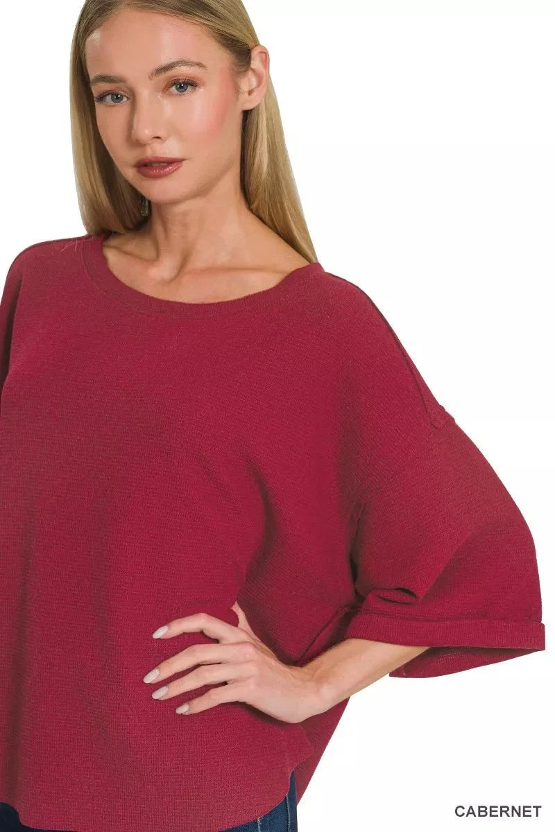 Cabernet Red Double Knit Exposed Seam Curved Hem Top By Zenana