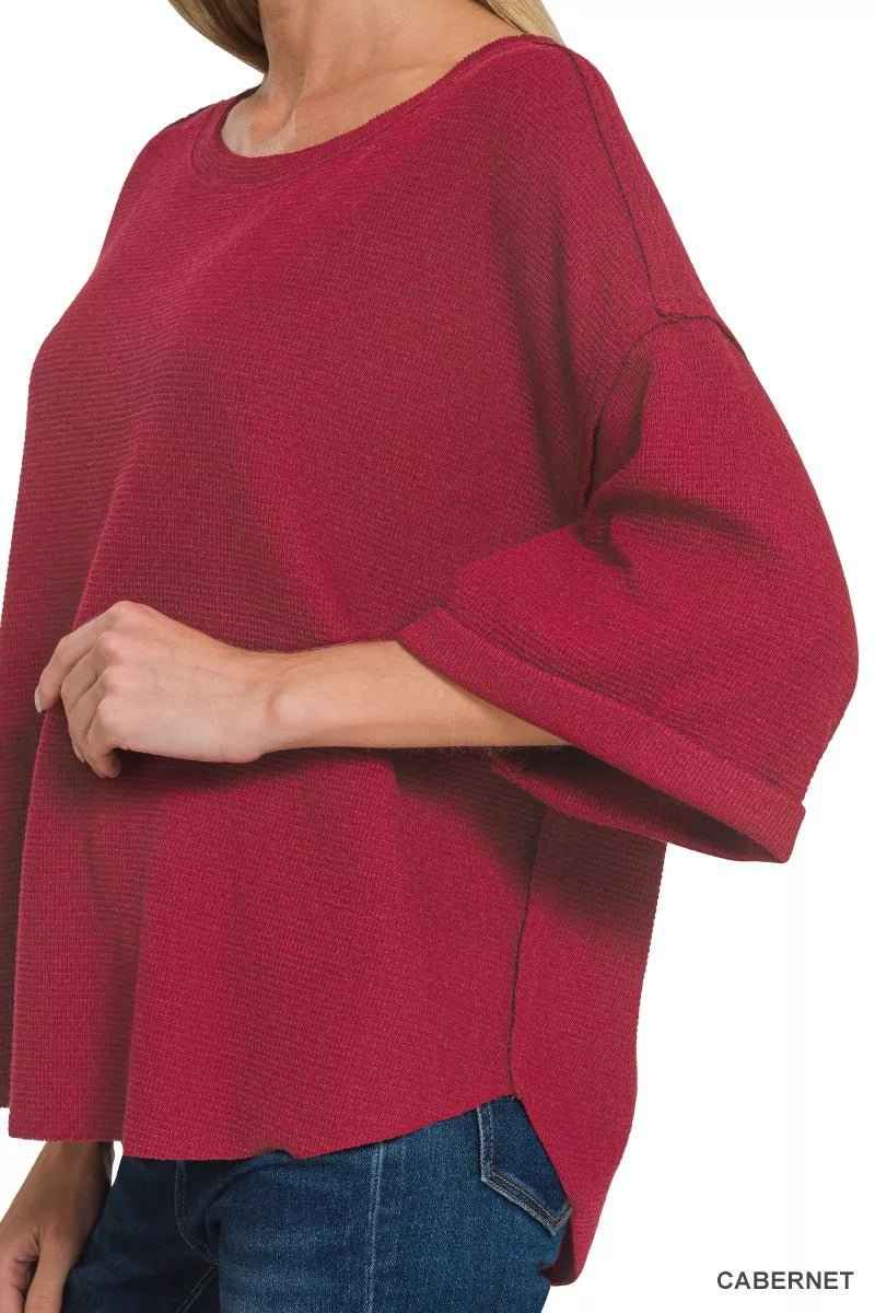 Cabernet Red Double Knit Exposed Seam Curved Hem Top By Zenana
