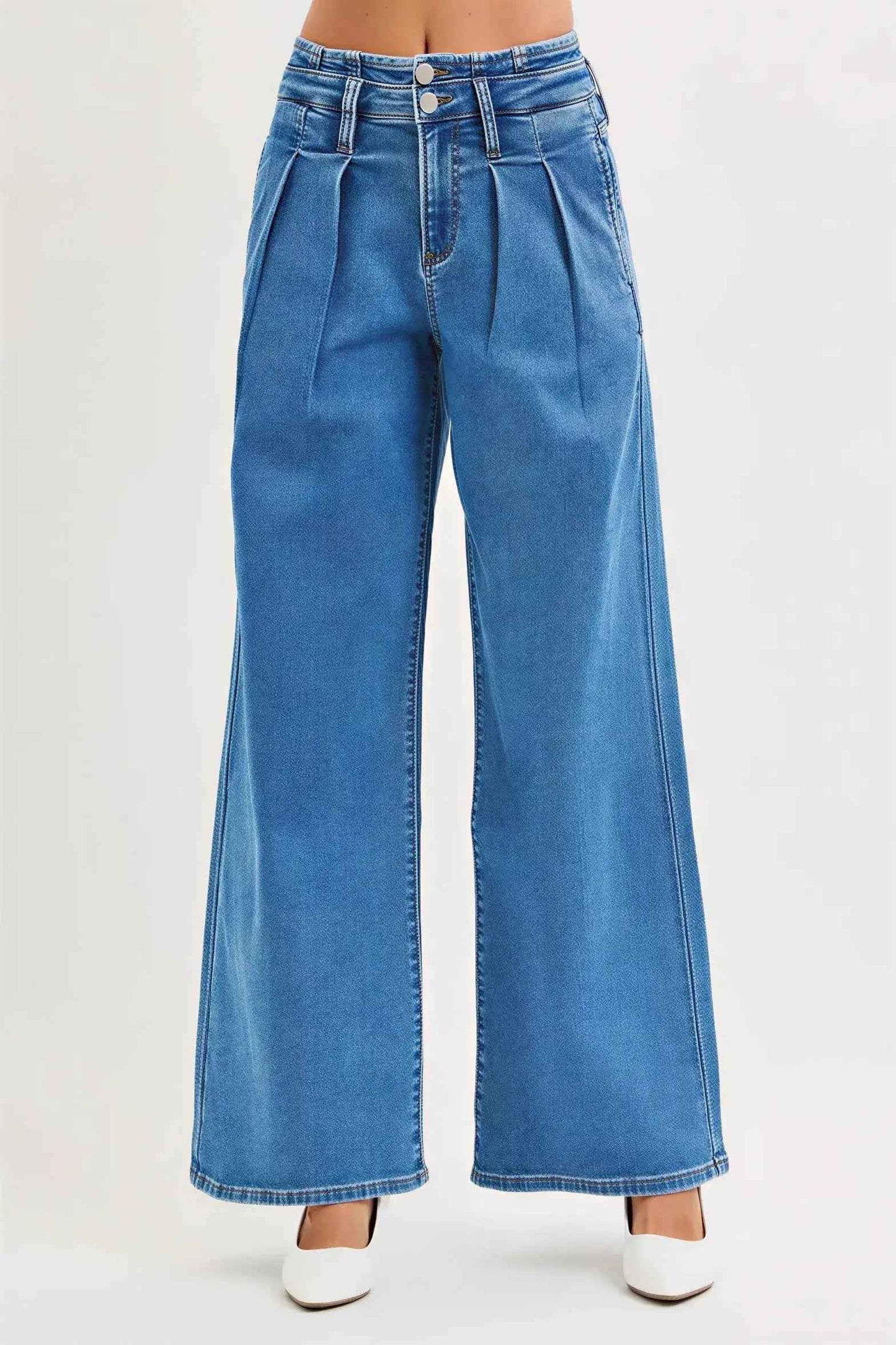 Women's Mid Rise Wide Leg Jeans with Pleated Detail by Risen