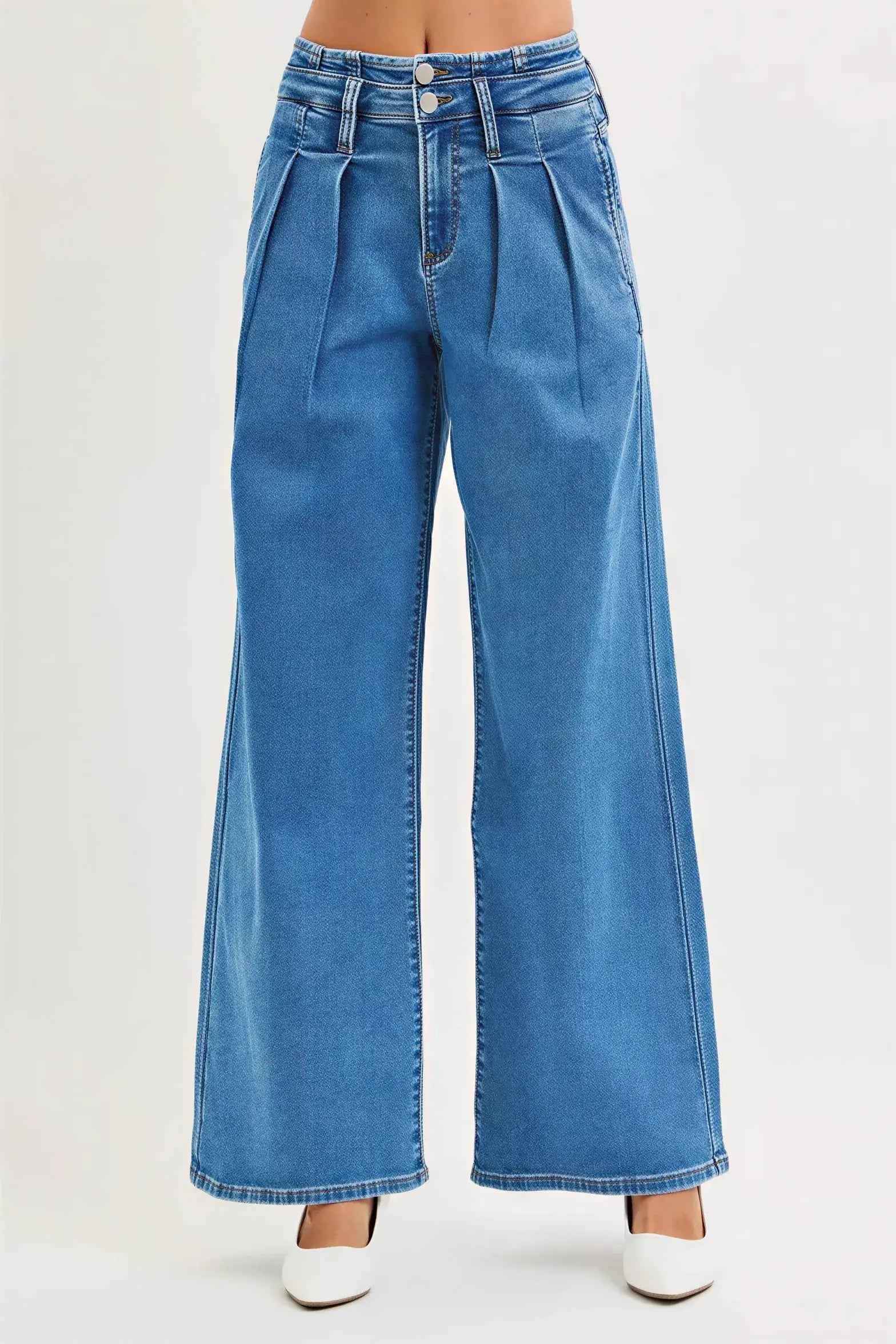 Women's Mid Rise Wide Leg Jeans with Pleated Detail by Risen