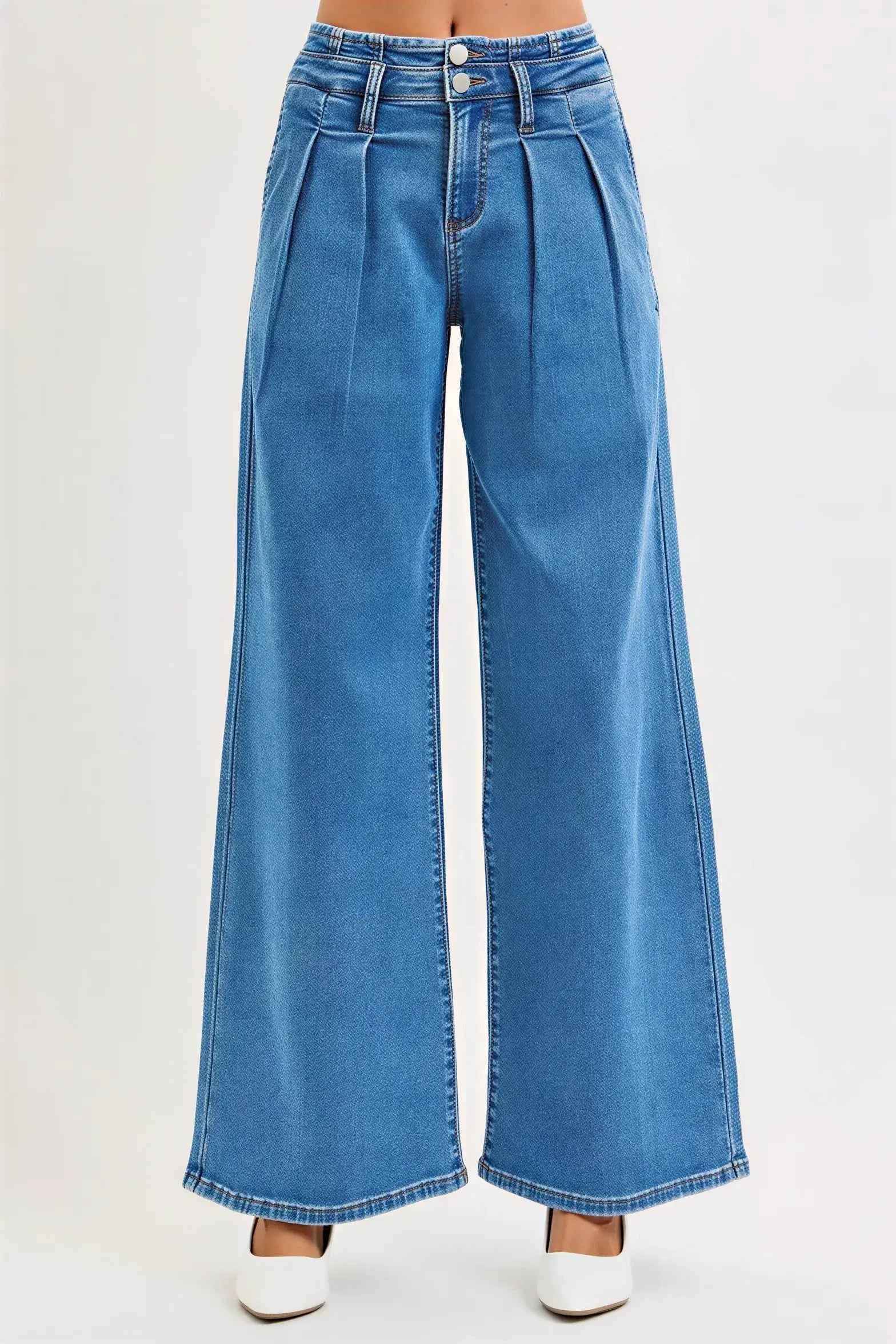 Women's Mid Rise Wide Leg Jeans with Pleated Detail by Risen