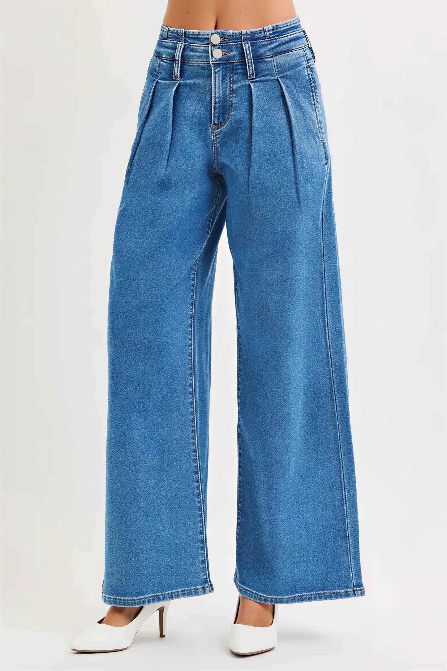 Women's Mid Rise Wide Leg Jeans with Pleated Detail by Risen