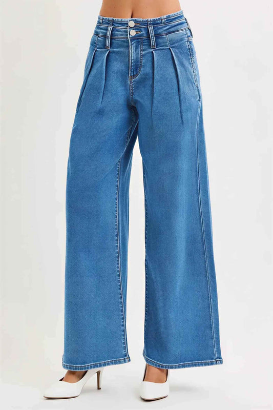 Women's Mid Rise Wide Leg Jeans with Pleated Detail by Risen