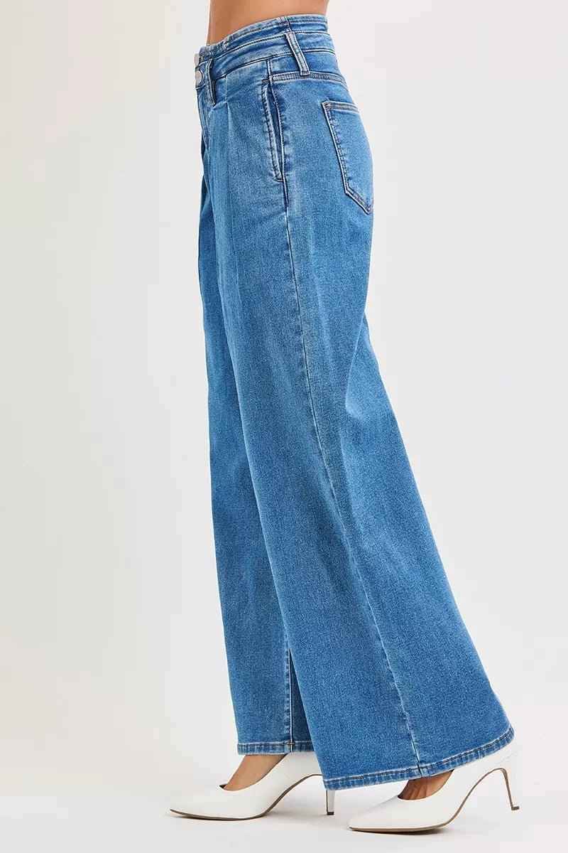Women's Mid Rise Wide Leg Jeans with Pleated Detail by Risen
