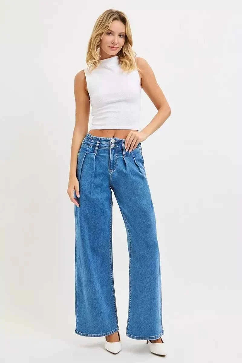 Women's Mid Rise Wide Leg Jeans with Pleated Detail by Risen