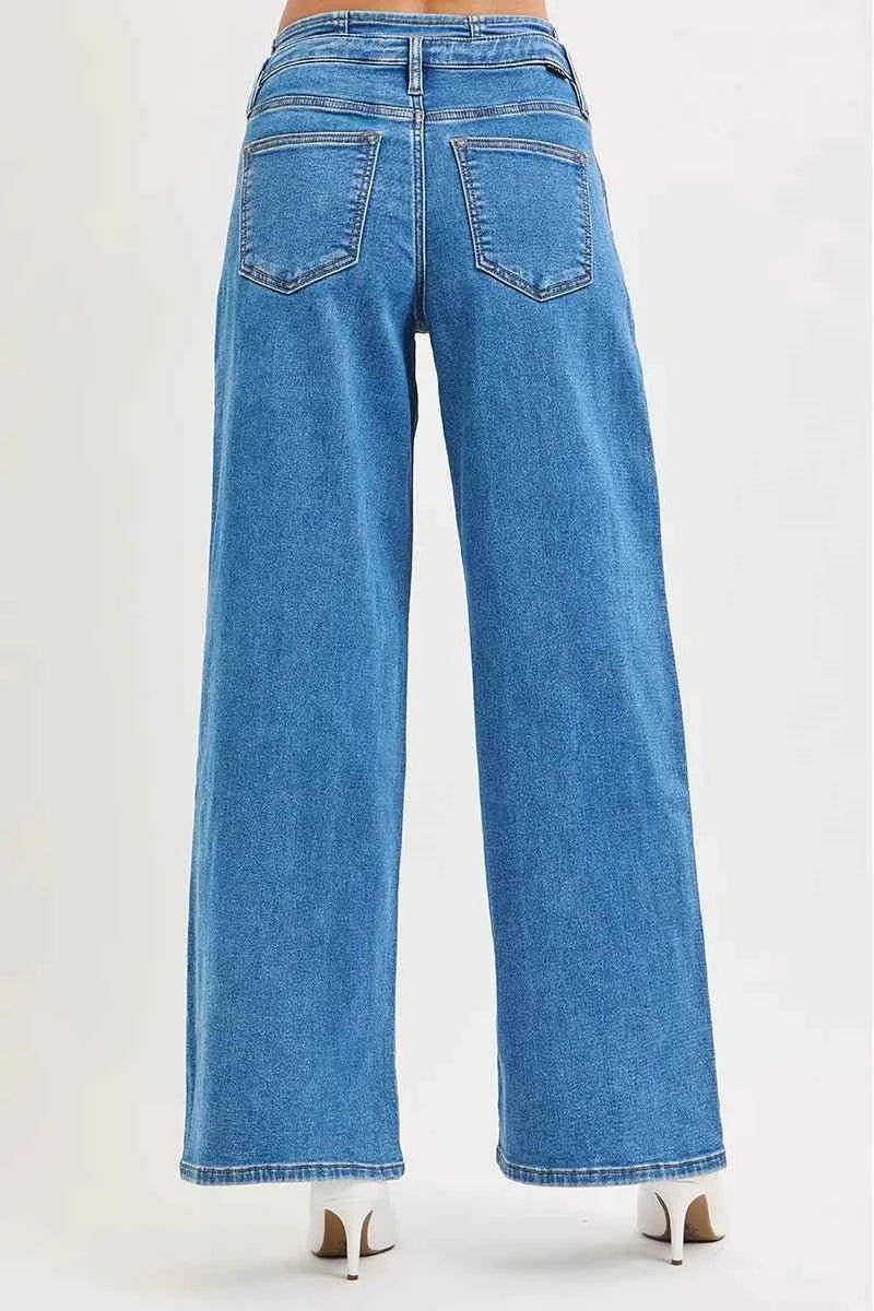 Women's Mid Rise Wide Leg Jeans with Pleated Detail by Risen